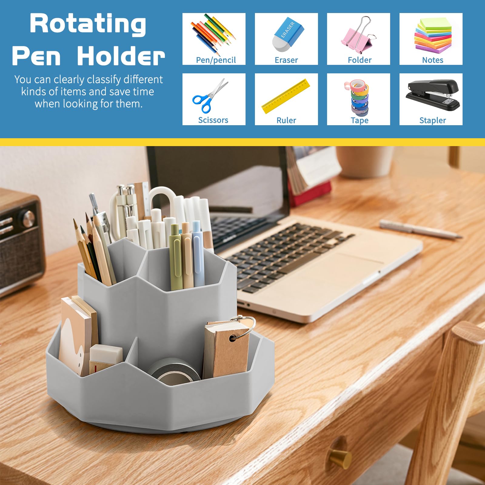 Ceysin Desk Organiser, 360 Degree Rotating Pen Pencil Holder with 9 Compartments - Image 2