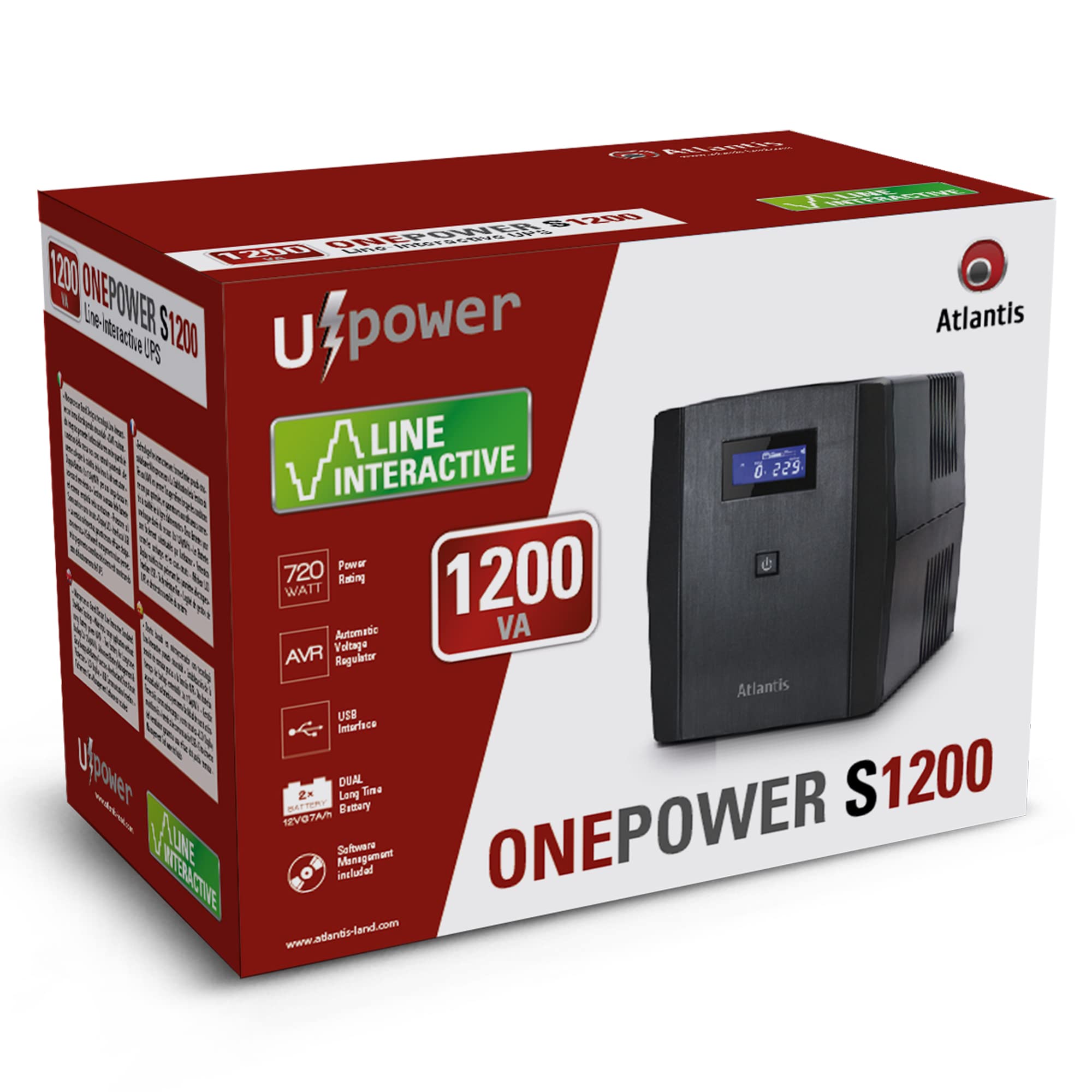 Atlantis OnePower 1200, USV Line Interactive 1200VA/700W, AVR, PseudoSinuswelle, 3 IEC-Steckdosen + 2 Schuko-Steckdosen, 2 Batterien 12 V 7 Ah