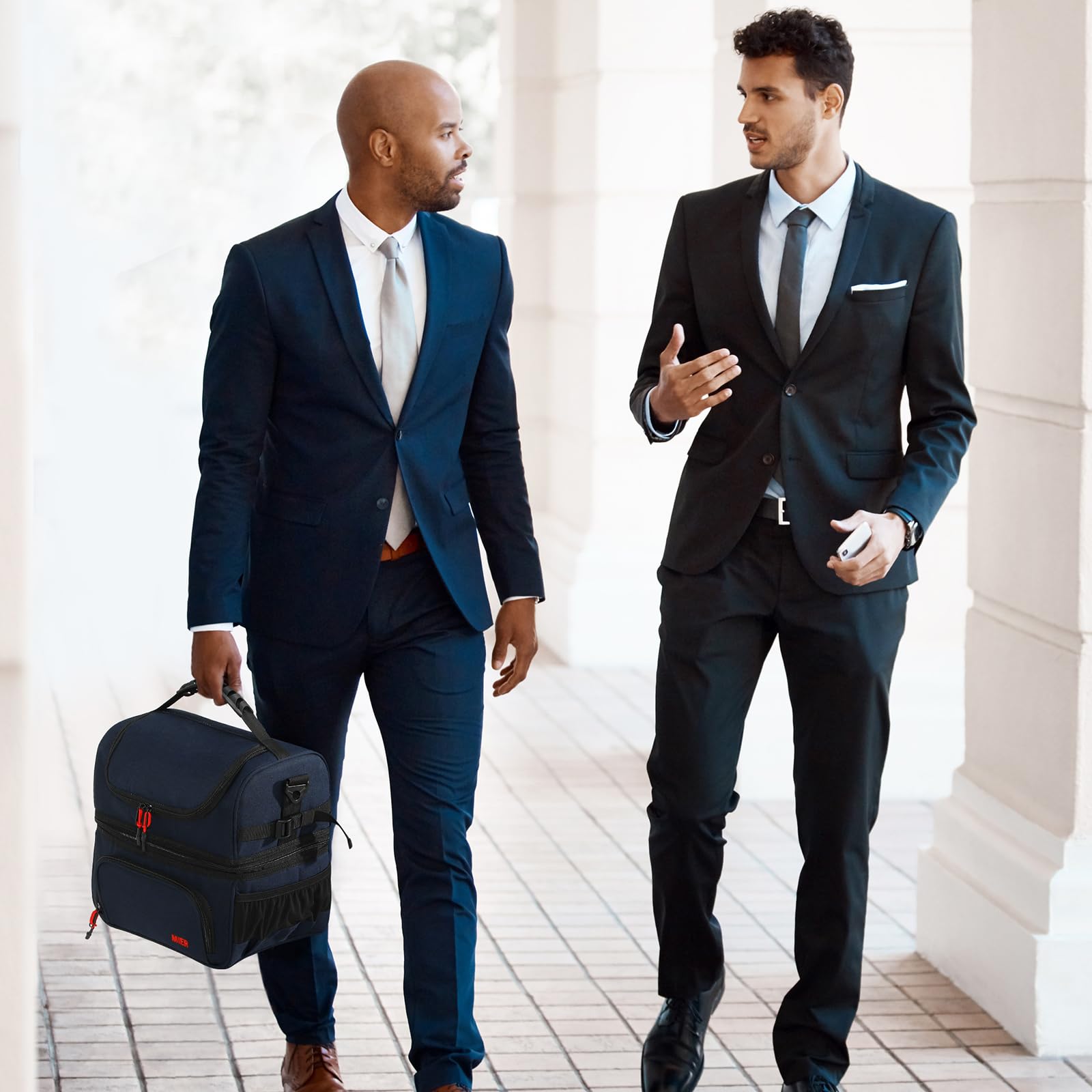 MIER Lunch Bag Men Double Deck Lunch Box Bag,Insulated Leakproof Cooler Bag Adult with Multiple Pockets for Work (Dark Blue) - Image 2