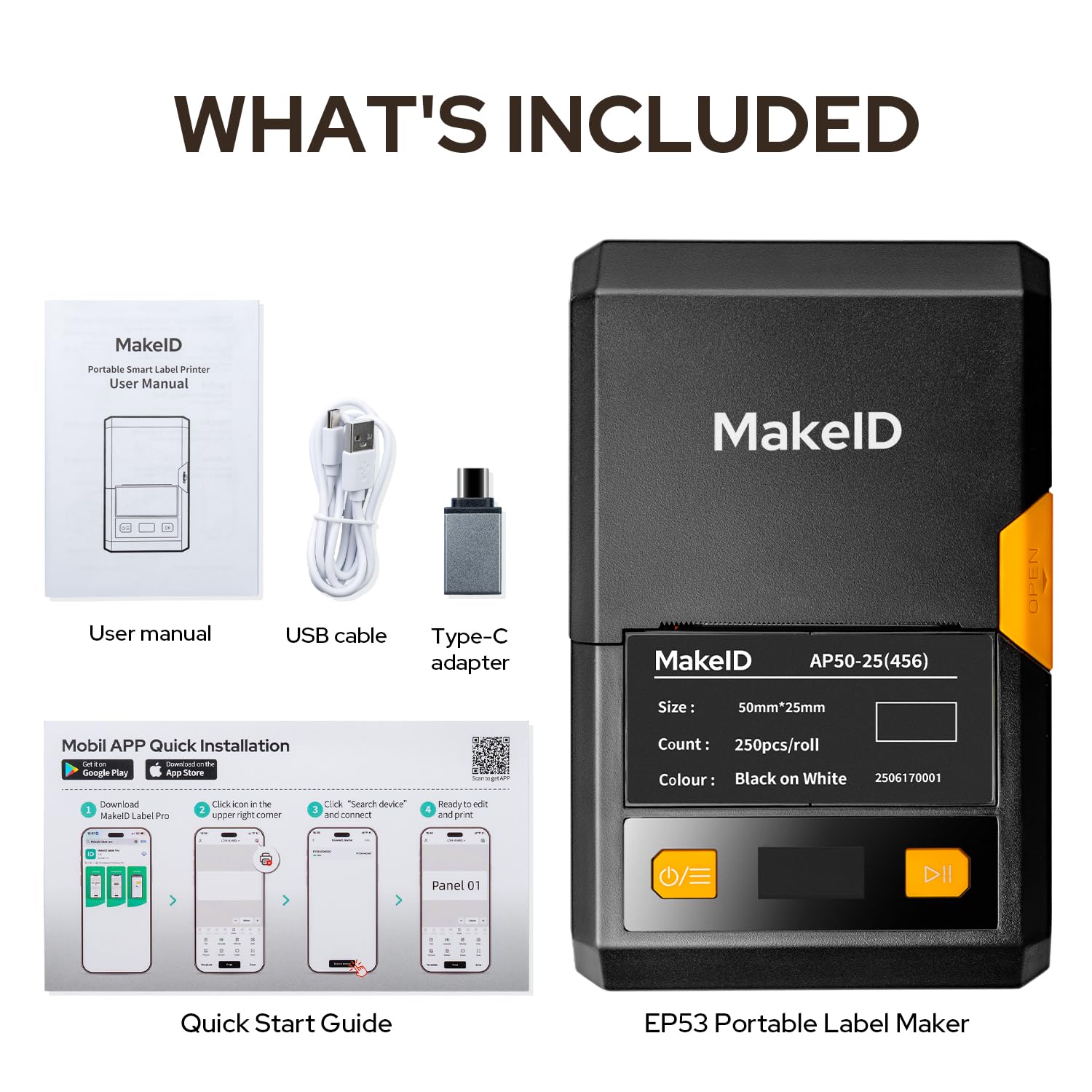 Makeid EP53 La Stampante per Etichette Stampa Etichette Larghe da 9 a 50 mm Compatibile con Telefoni Cellulari e Computer per Negozi al Dettaglio, Uffici, Aziende e Magazzini