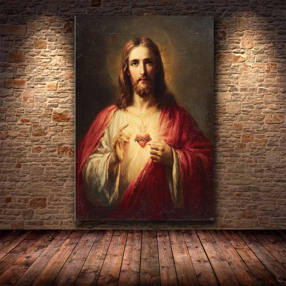 HUYEEI Obraz Jezusa w stylu vintage, serce, bardzo trzymający, Święte Serce, plakat, Bóg Chrystus, religijny, katolicki, obraz na płótnie, do dekoracji kościoła (biały) - 70 x 100 cm, oprawiony
