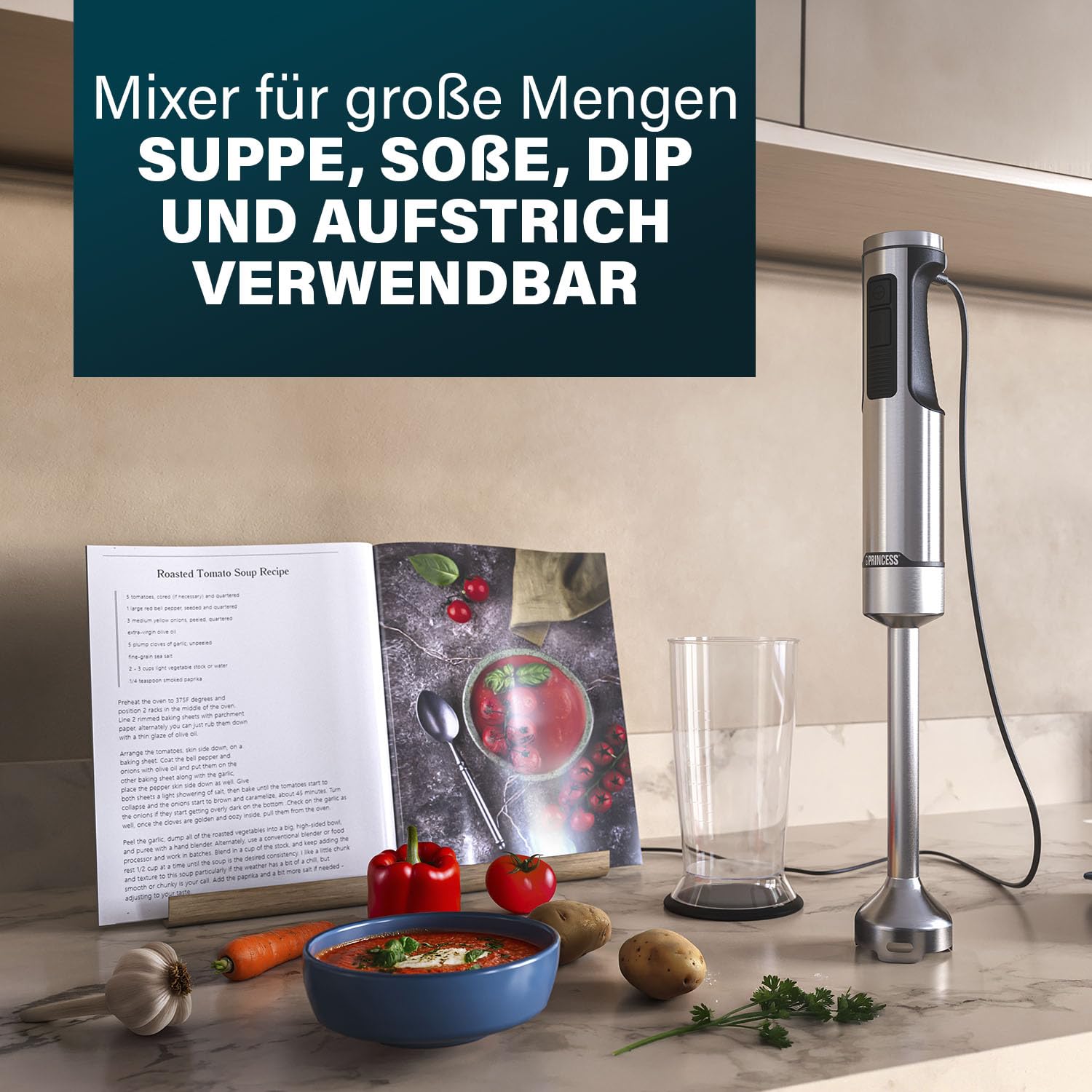 Princess Edelstahl-Stabmixer Prof XXL, 1500W, 50 cm Extra-Langer Stab, 5 Geschwindigkeiten, Turbofunktion, 4-Klingen-System, Messbecher mit Deckel, Spülmaschinenfest, 221233
