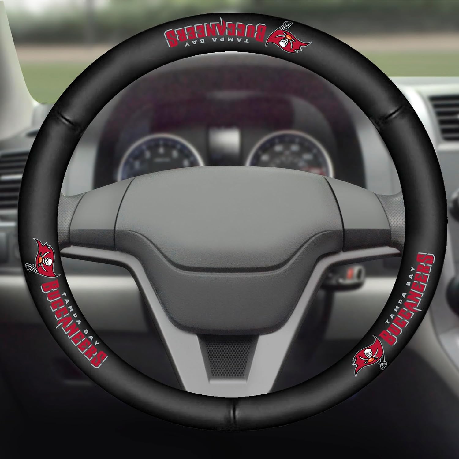FANMATS 40493 NFL - Tampa Bay Buccaneers Genuine Leather Steering Wheel Cover | Black 15"x15"