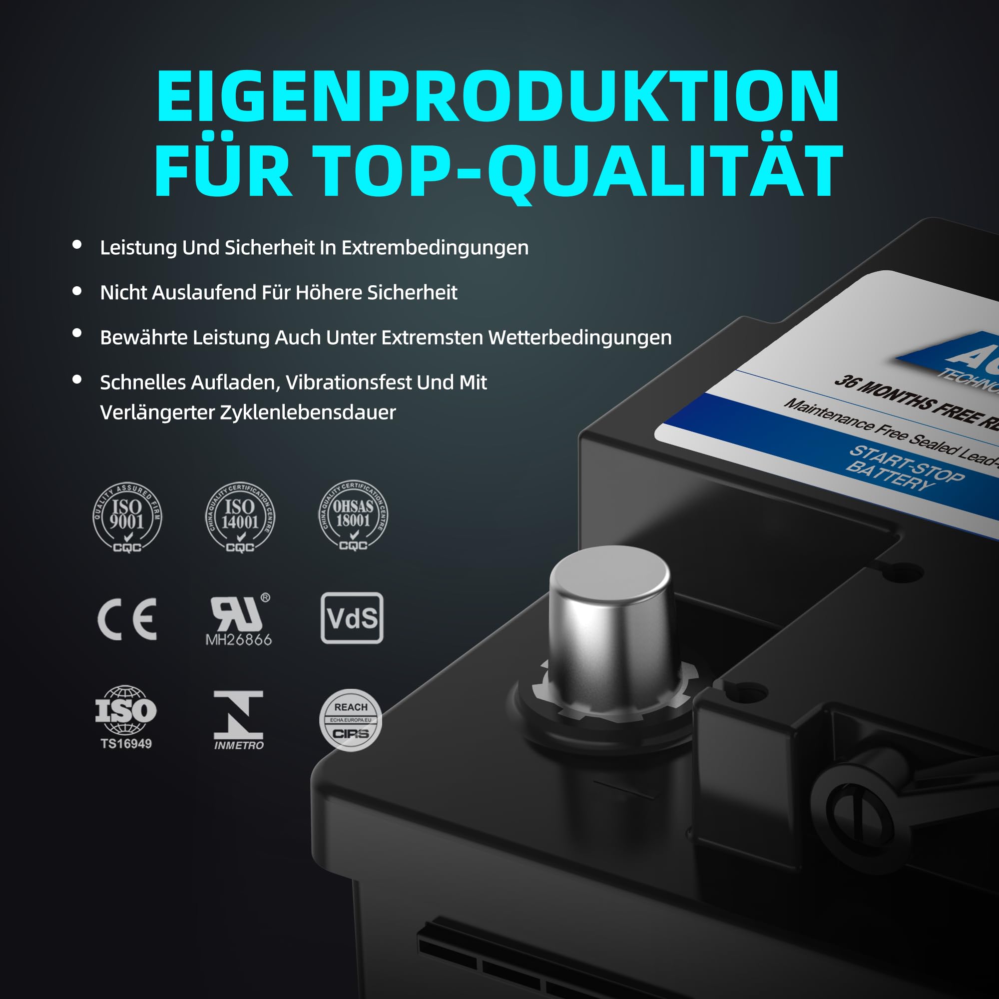 UPLUS 12V 70Ah 760A(EN) AGM Start-Stop Autobatterie AGM-L70-UP | Links: - Rechts: +, wartungsfrei, für Start-Stopp-Fahrzeuge. 278L×175B×190H(mm), vor Kauf Maße prüfen