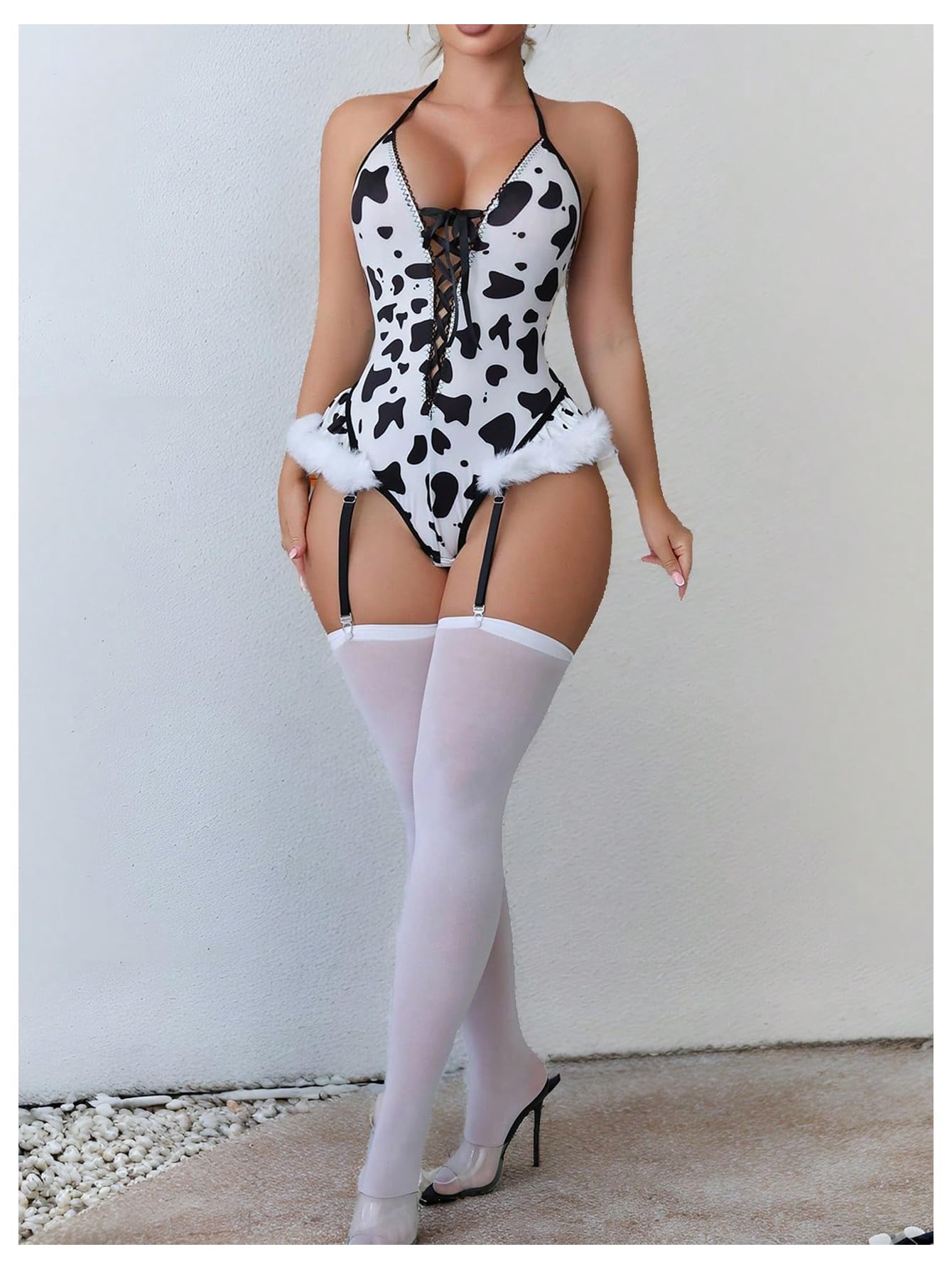 WDIRARA Women's 3 Piece Cow Teddy Lingerie Set Cosplay Lace Up Halter Bodysuit with Stockings: Large Black and White