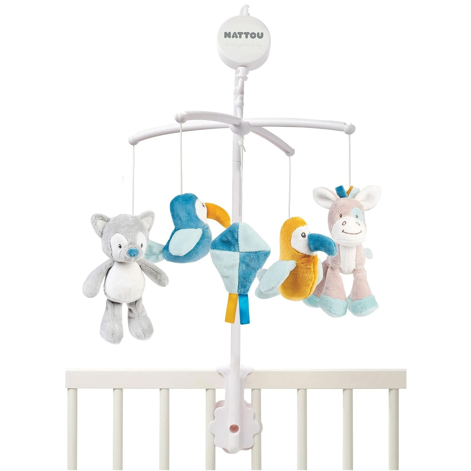 Nattou Mobile with Music Box Tim and Tiloo, Gentle Lullaby La-Le-Lu, 37 X 31 X 9 cm, Blue/Yellow/Gray