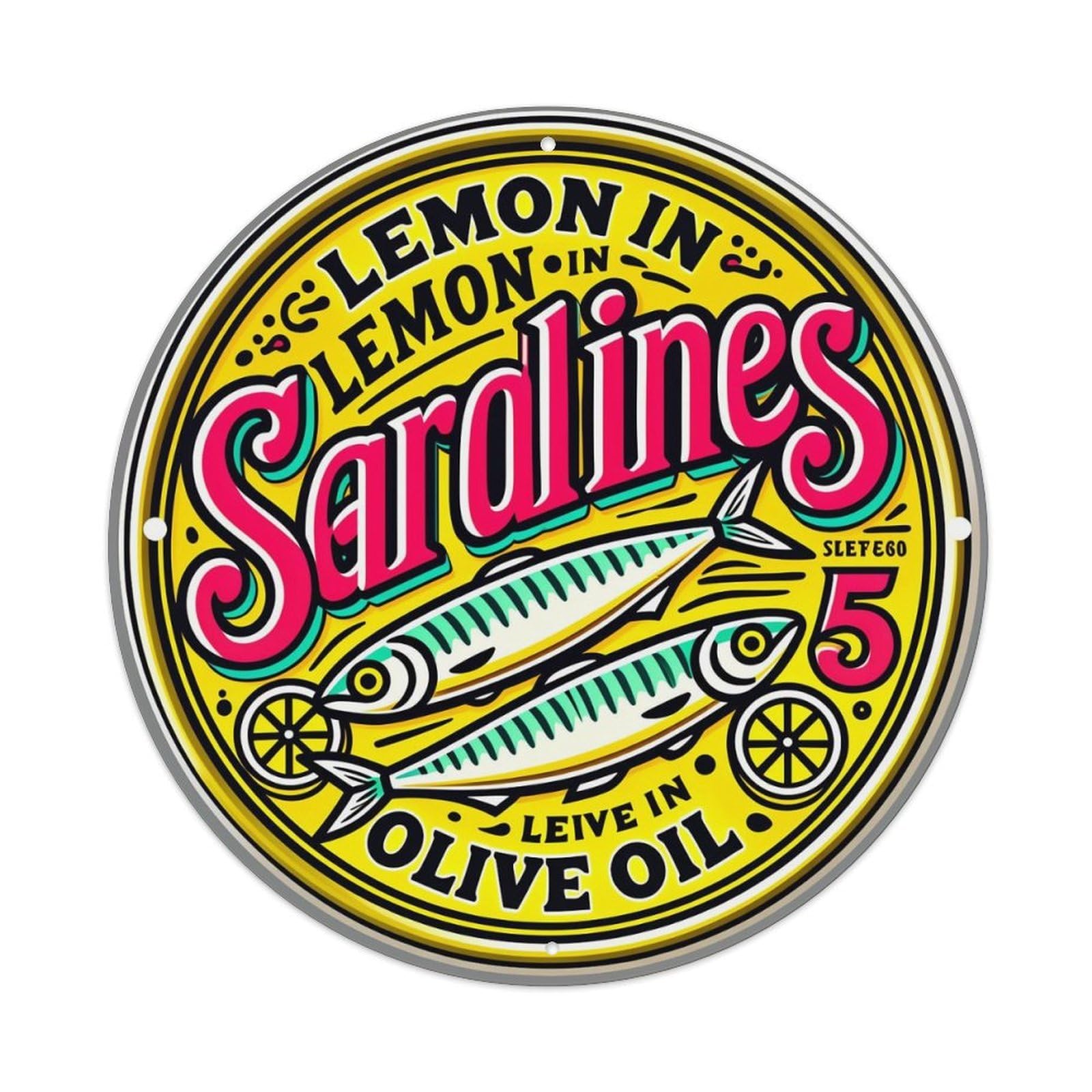 Sardines In Olive Oil Vintage Metal Tin Sign Retro Wall Decor for Home Bar Garage Cafe, Indoor & Outdoor Decorative，circle Metal Poster, 8x8 Inch