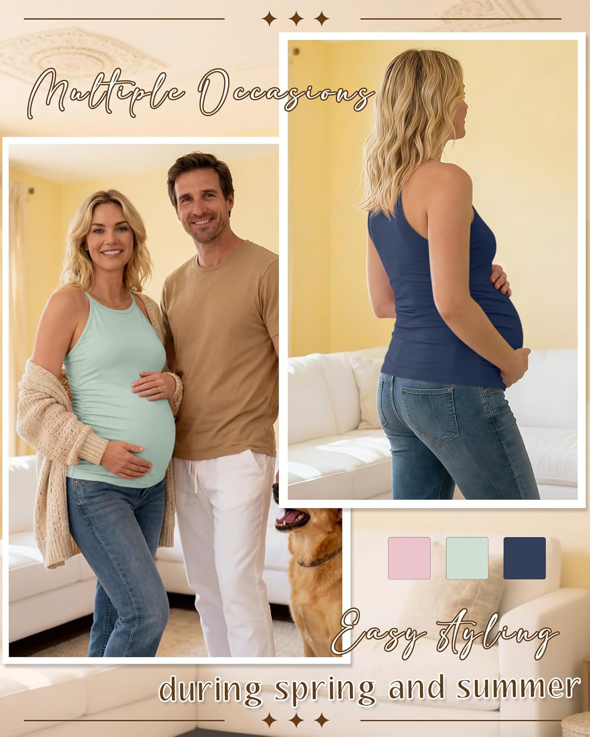 3 Pack Women's Maternity Halter Camisole Tank Tops Ruched Side Sleeveless Pregnancy Shirts Summer Basic Undershirt