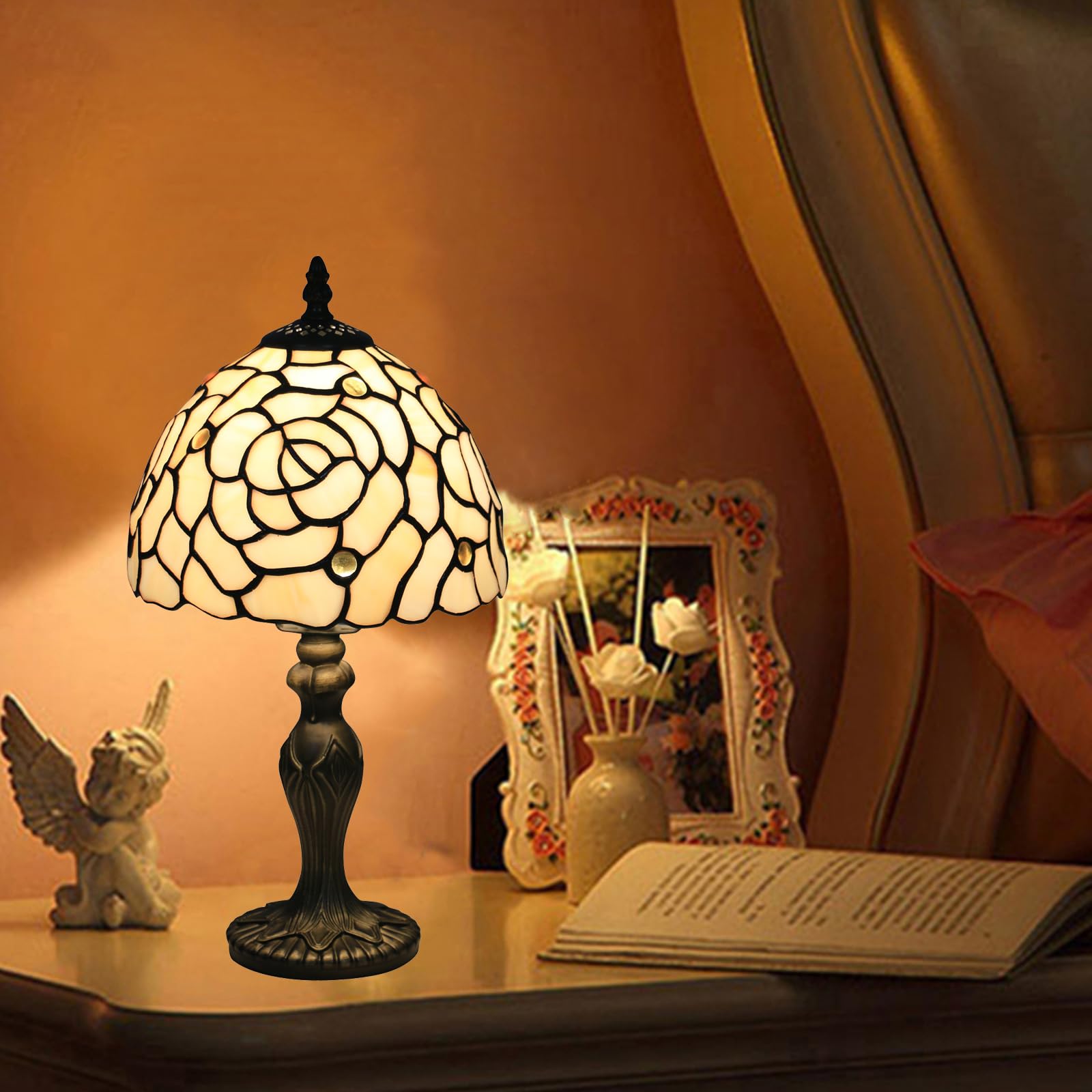 Lampada Tiffany da Tavolo con Paralume in Vetro Colorato per Soggiorno, Camera da Letto, Studio e Tavolino da Caffè