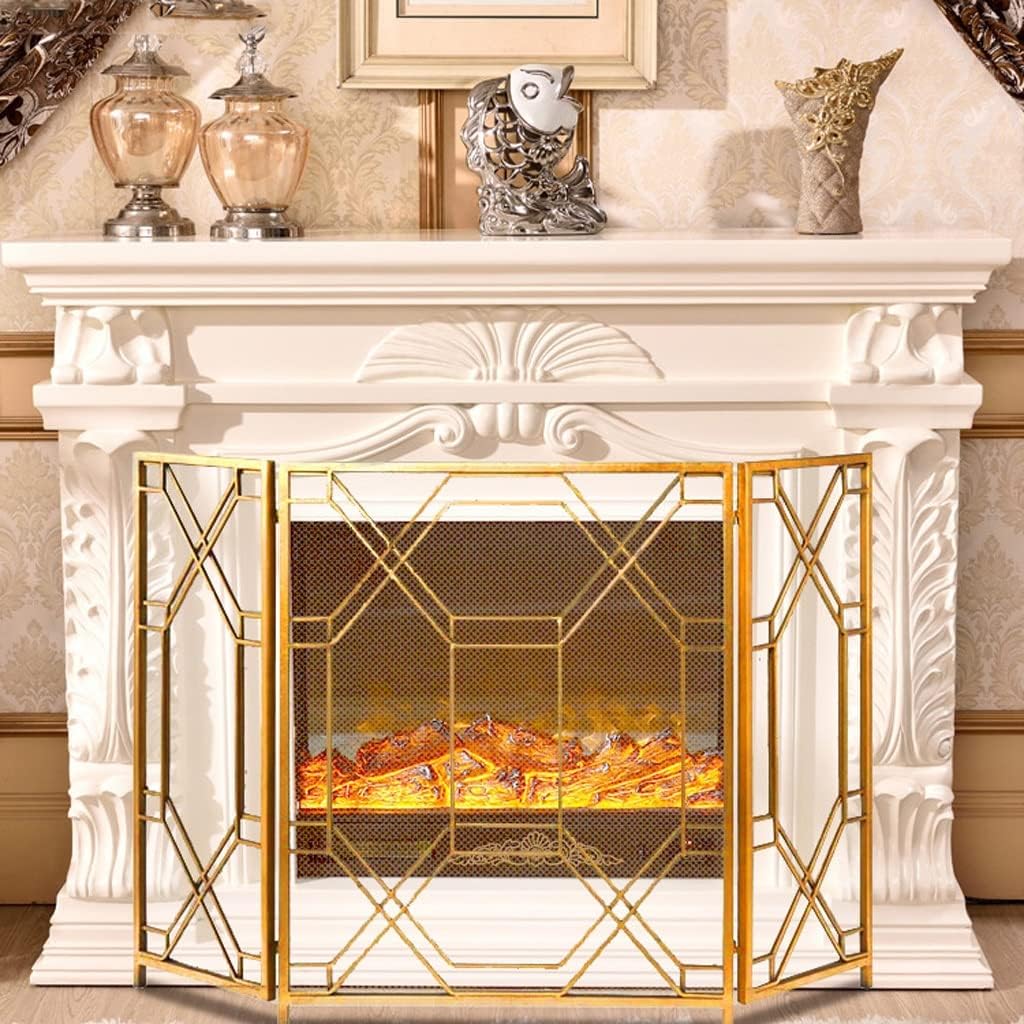 Metal Fire Screen Nordic Style Fireplace Screen Freestanding Simple Wrought Iron Fireplace Screen 3 Fold Screen Partition Fireplace Decoration Fireplace Mesh Screen Curtain (Color : Gold)