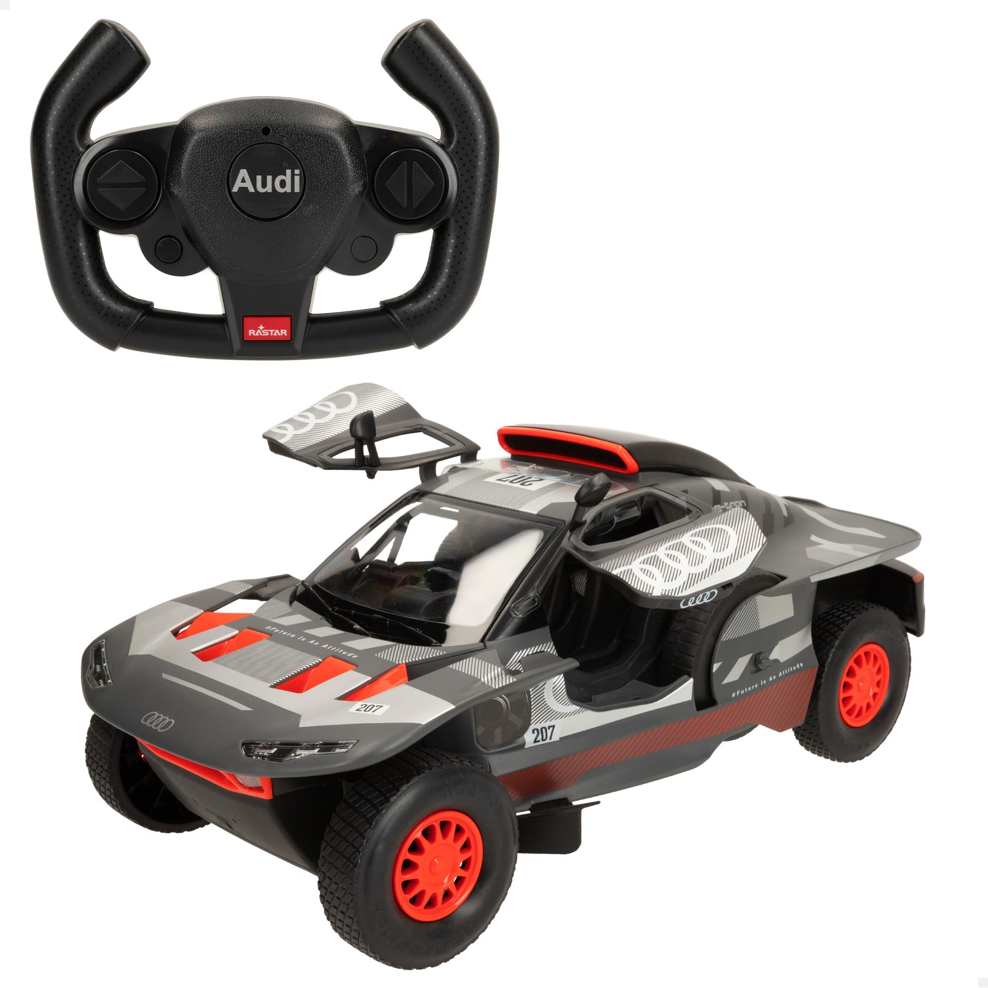 ColorBaby RASTAR Samochód zdalnie sterowany wyścig Audi RS Q e-Tron E2, Zwycięzca Rajd Dakar 2024 Carlos Sainz, Skala 1:14, Częstotliwość 2.4GHz, 6 kierunków, Wbudowane, Zdalne sterowanie samochodami