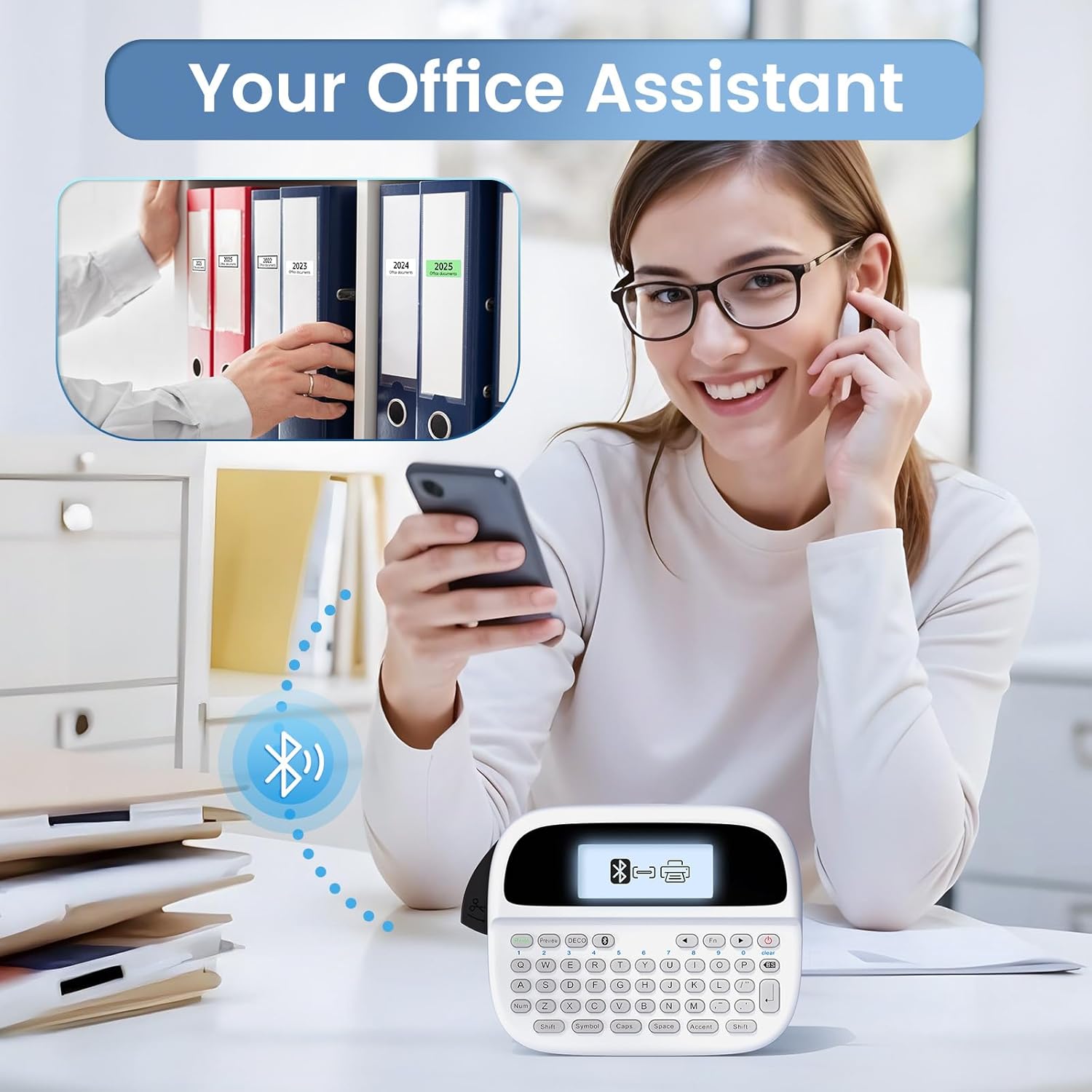 A person using a smartphone connected via Bluetooth to the Vixic M950 Label Maker, demonstrating app control for label creation.