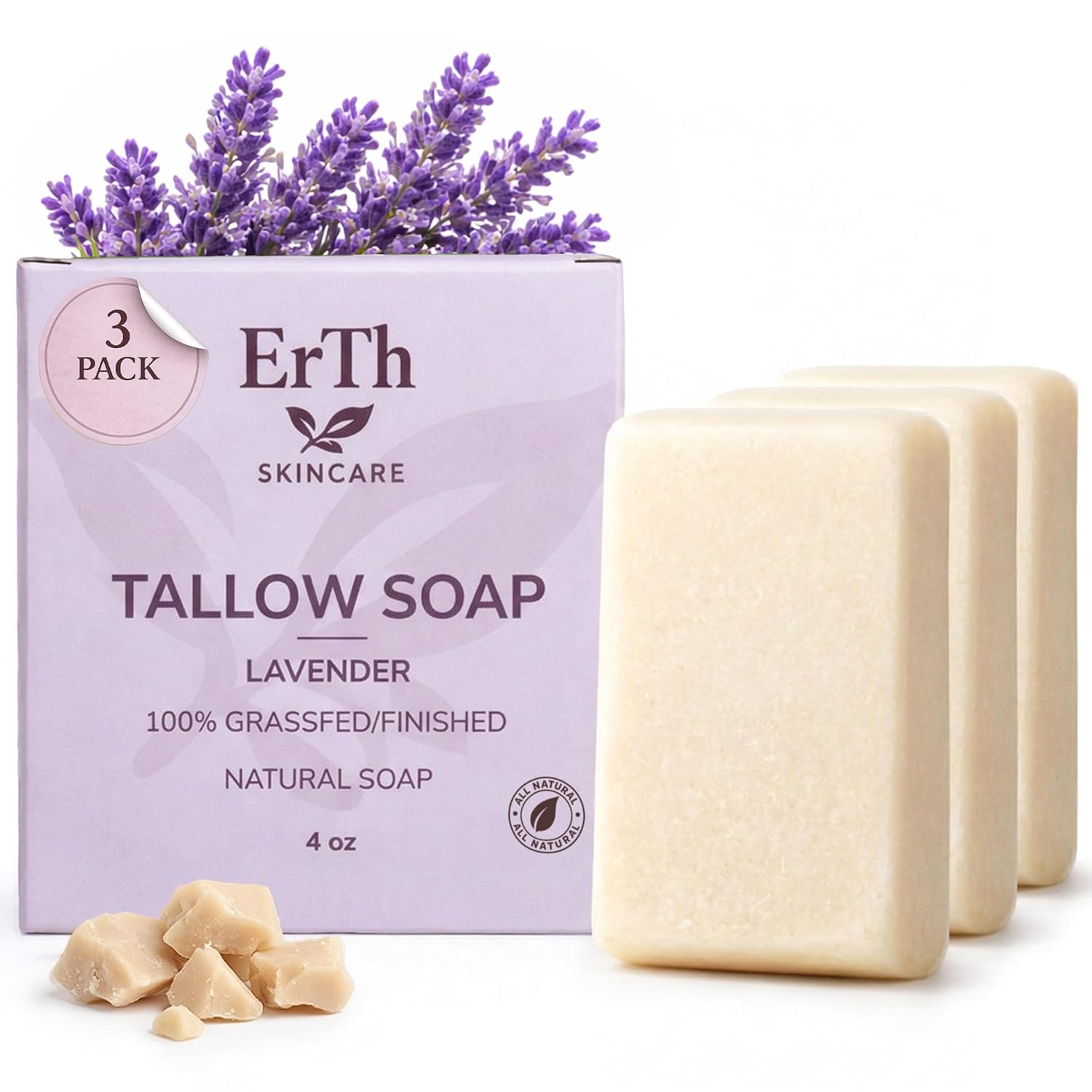 ErTh All-Natural Tallow Soap Bar 3 Pack – Grass-Fed Tallow, Simple Ingredients (Lavender)
