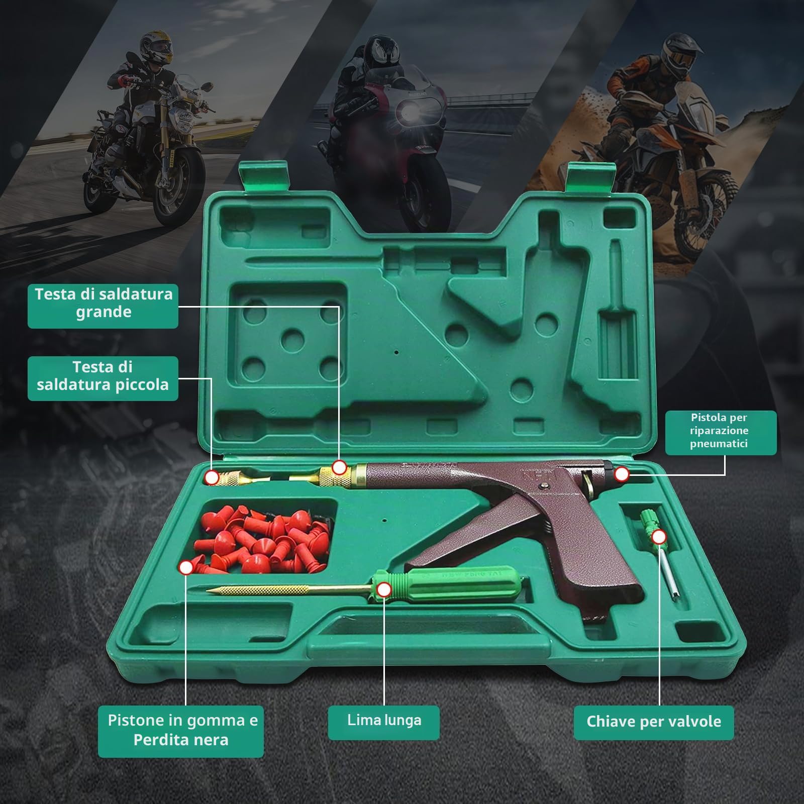 Strumenti per la riparazione dei pneumatici, kit di strumenti per la riparazione dei pneumatici senza camera d'aria per motociclette con 32 pezzi di tappi in gomma Kit pistola per tappi per pneumatici