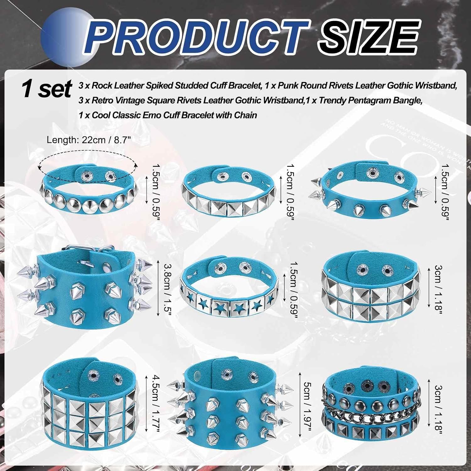MECCANIXITY Rock Punk Studded Faux Leather Bracelet Set, Goth Spiked Cuff Wristband Adjustable Bracelets for Halloween Party Favors Emo Grunge Accessory image 2