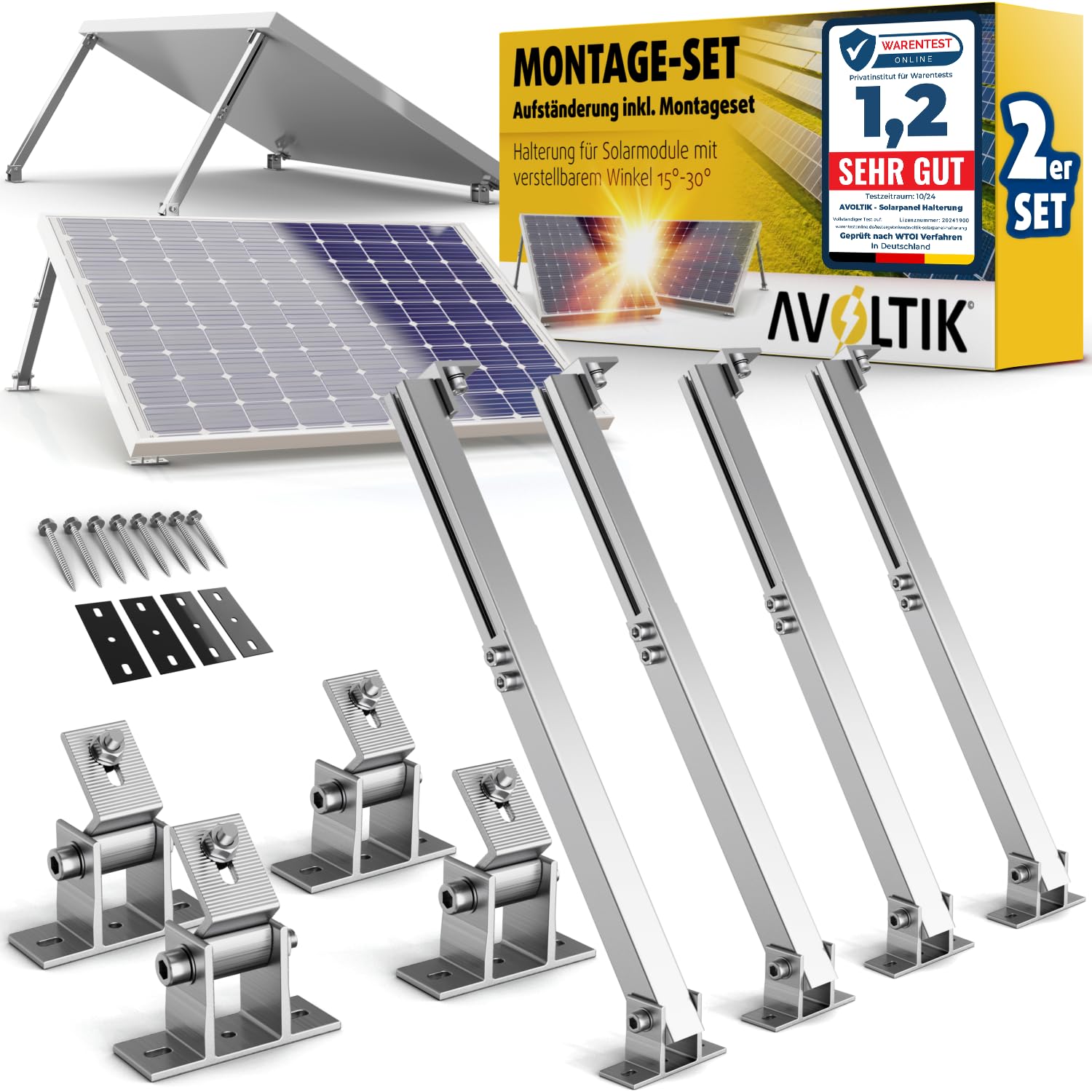 Avoltik 2x Solarpanel Halterung I Solarmodul-Halterung Balkonkraftwerk aus Aluminium I Solarmodul Aufständerung mit verstellbarem Winkel 15-30° für Dach, Balkon, Boden I Halterung für zwei Solarmodule