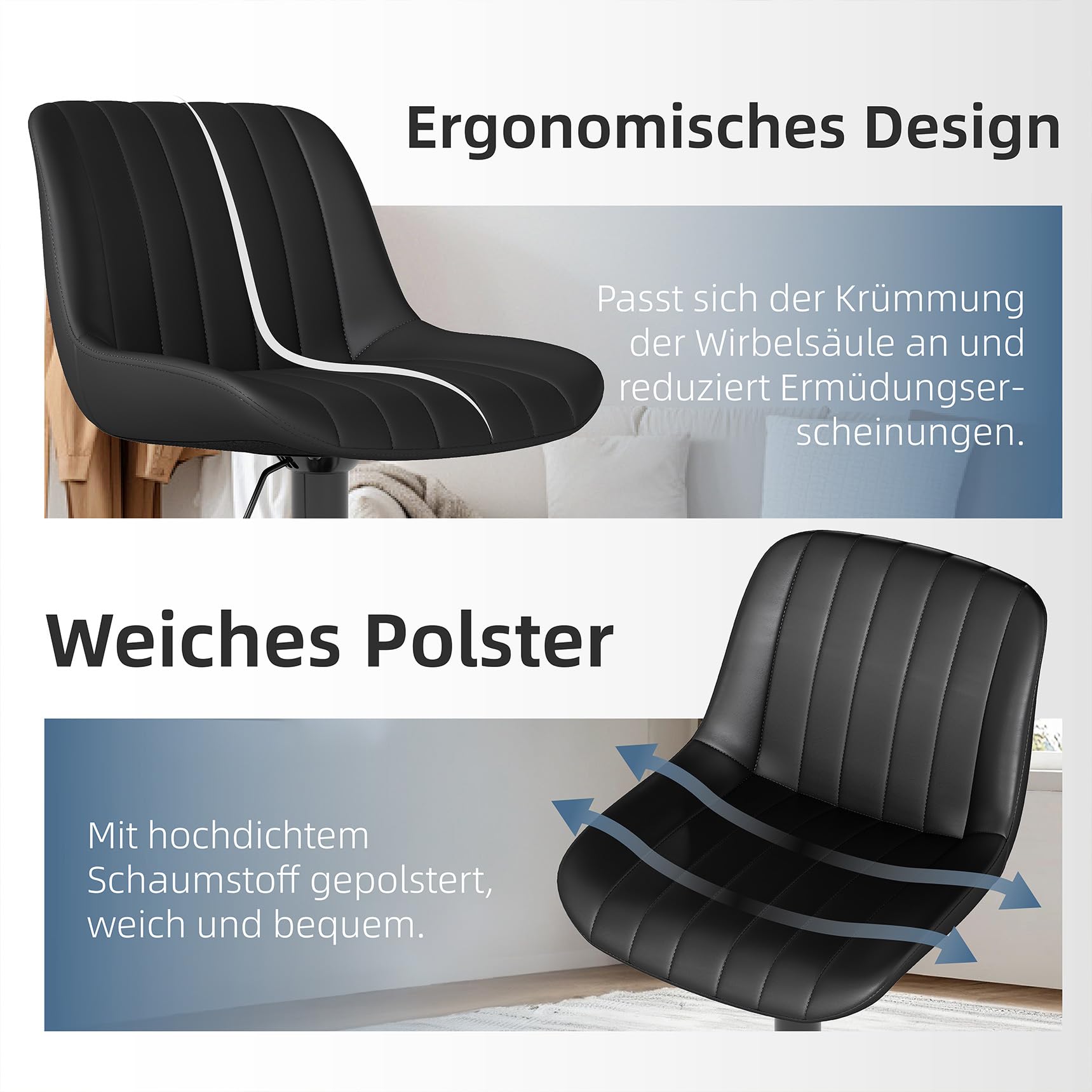 Youhauchair Barhocker 2er Set, Drehbare Barhocker mit Lehne, Höhenverstellbar aus PU-Leder, Moderner Barstuhl Küchenhocker Bar Hocker Bar Stool, Schwarz