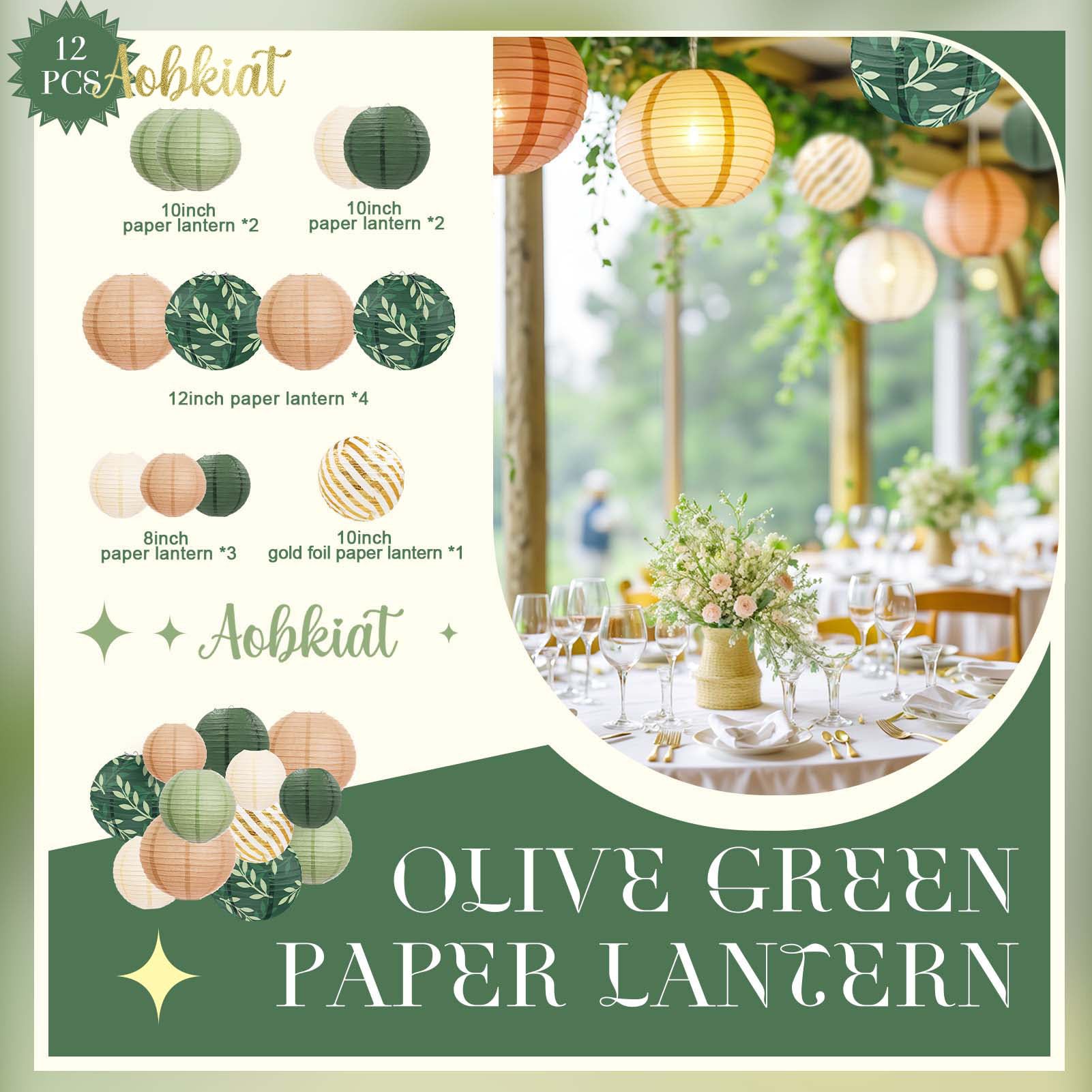 Aobkiat Zestaw papierowych lampionów, dekoracja imprezowa, zielona, brązowa, wisząca, na wieczór panieński, zielone dekoracje weselne w stylu boho, przyjęcia urodzinowe, 12 sztuk