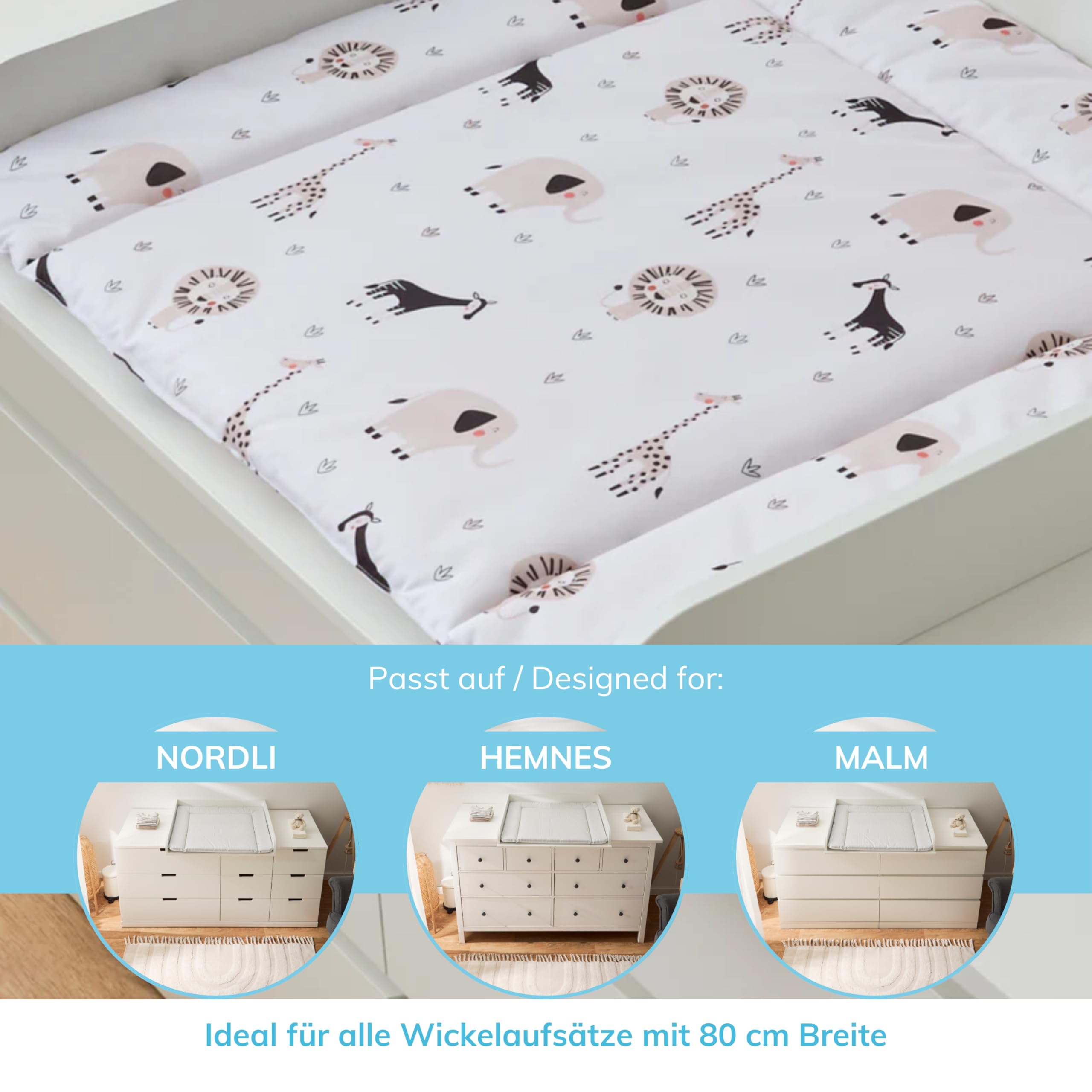 Premium Wickelauflage 77x73 cm | Wickelunterlage für Wickelkommode Malm Hemnes Nordli | Oeko Tex®100 | Abwaschbar, wasserabweisend | Ohne Weichmacher | Safari Tiere