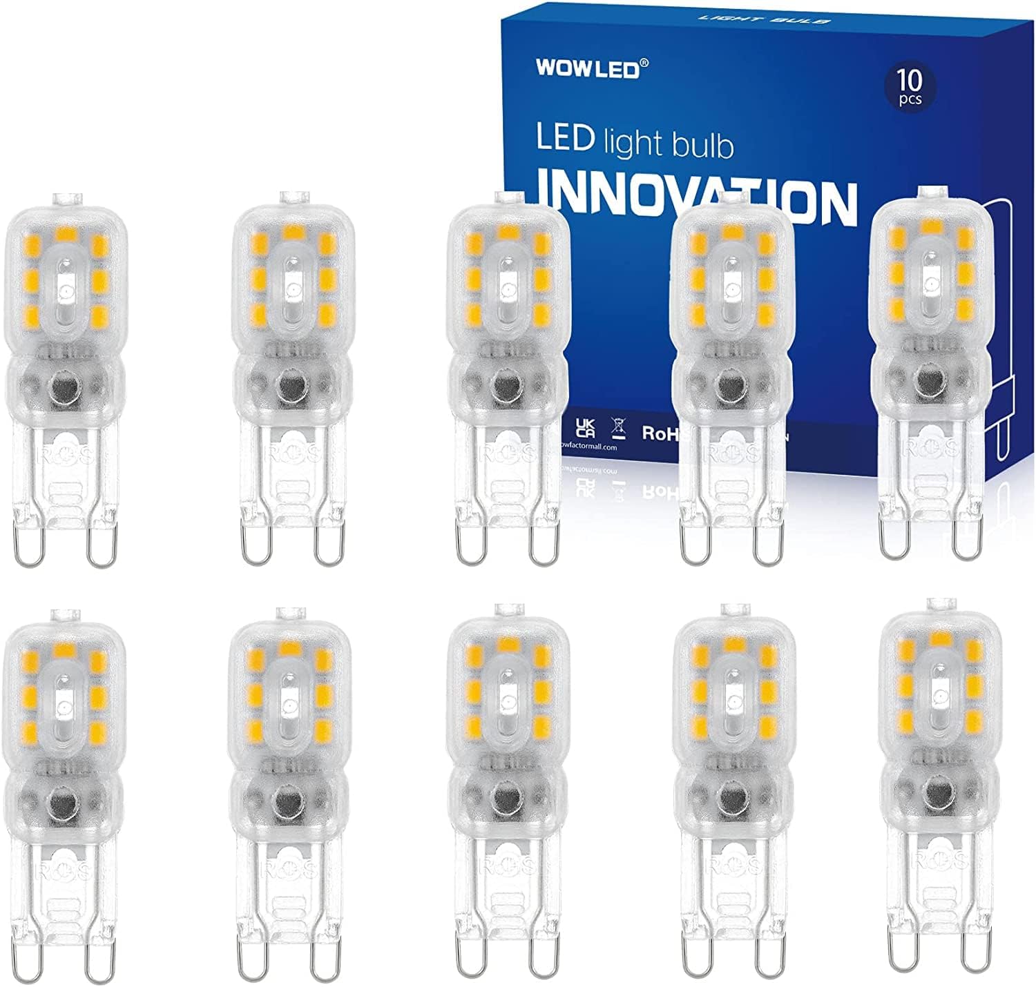 WOWLED 10 X G9 LED Light Bulb, 3W Warm White, Replace Halogen Bulbs