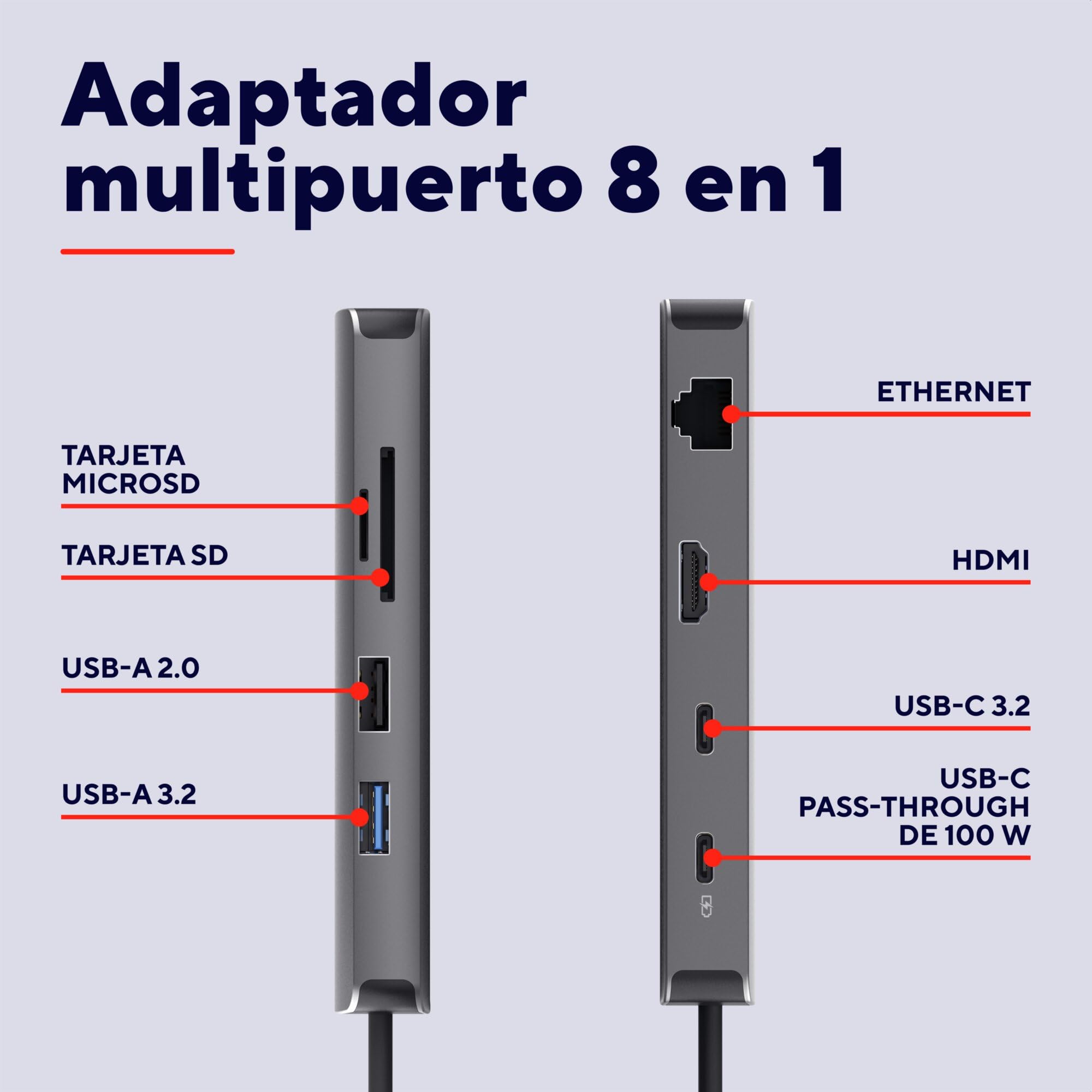 Trust Vylor Hub USB C 8-in-1 Adaptador HDMI 4K a 60Hz, Gigabit Ethernet, Lector de Tarjetas SD/MicroSD, USB-C USB-A, Puerto de Carga 100W, Docking Station PC Computadora Portátil DELL HP MacBook