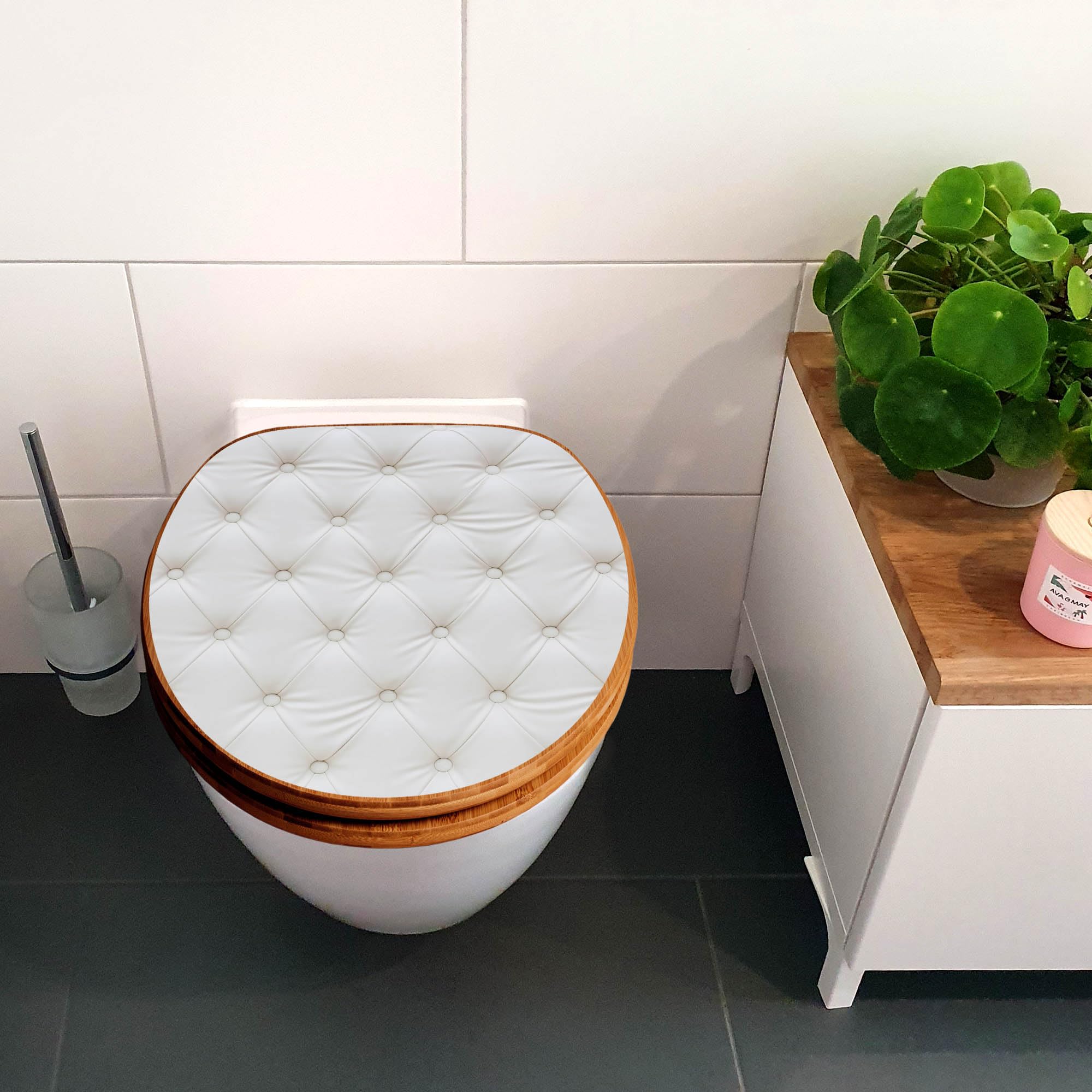 banjado Design WC Sitz Bambus Absenkautomatik 45,8x37,5cm - Toilettendeckel mit Absenkautomatik Holz - hochwertiger Bambus Klodeckel - WC-Sitz für gängigen Toiletten - Motiv Weißes Polster