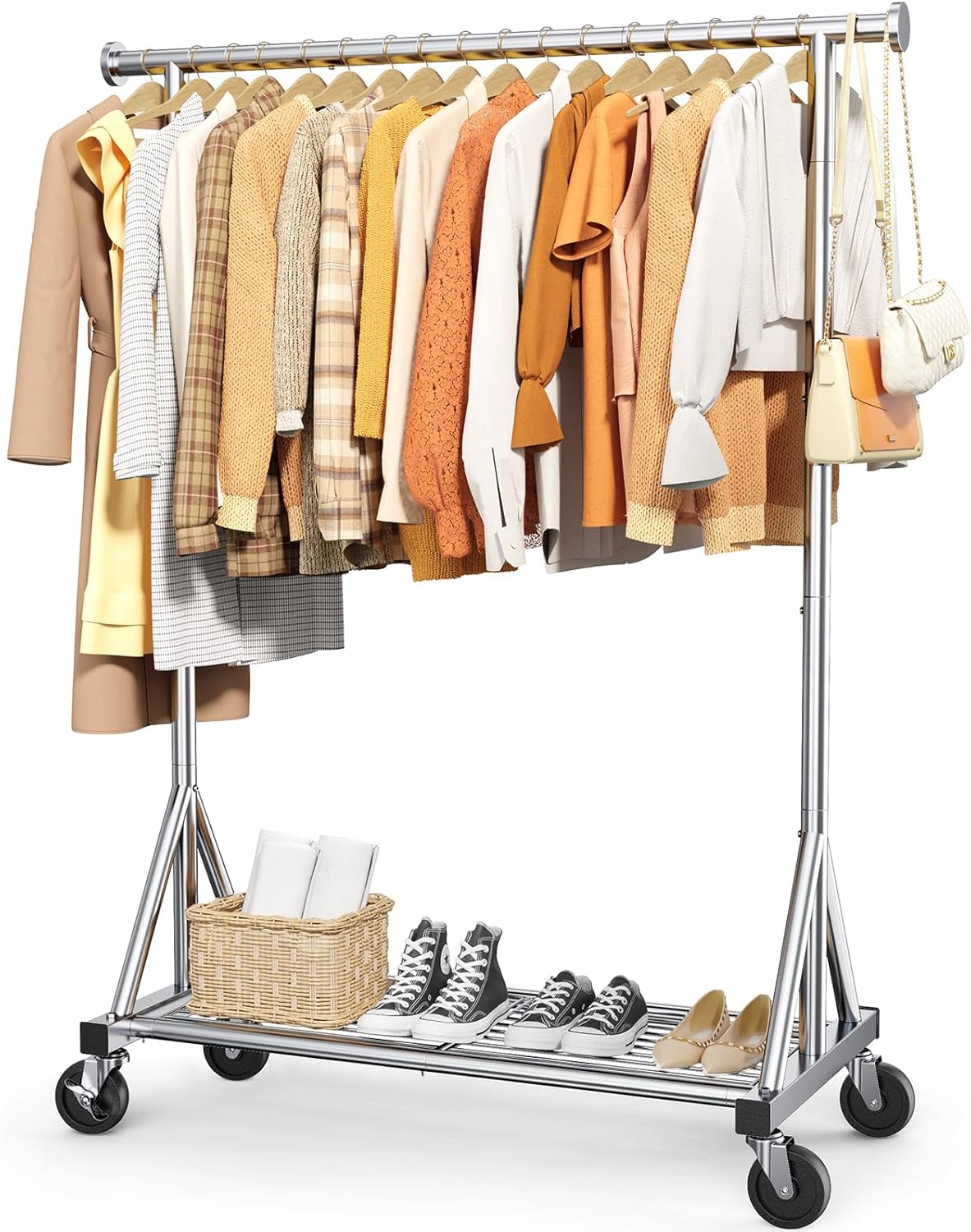 Heavy-Duty Clothes Rack, Stainless Steel Garment Stand with Mesh Shelf, Lockable Wheels & Anti-Slip Stoppers, Rolling Clothing Rack for Bedroom Storage, 42.5" x 16.5" x 65.9", Silver Silver 42.5" x 16.5" x 65.9"