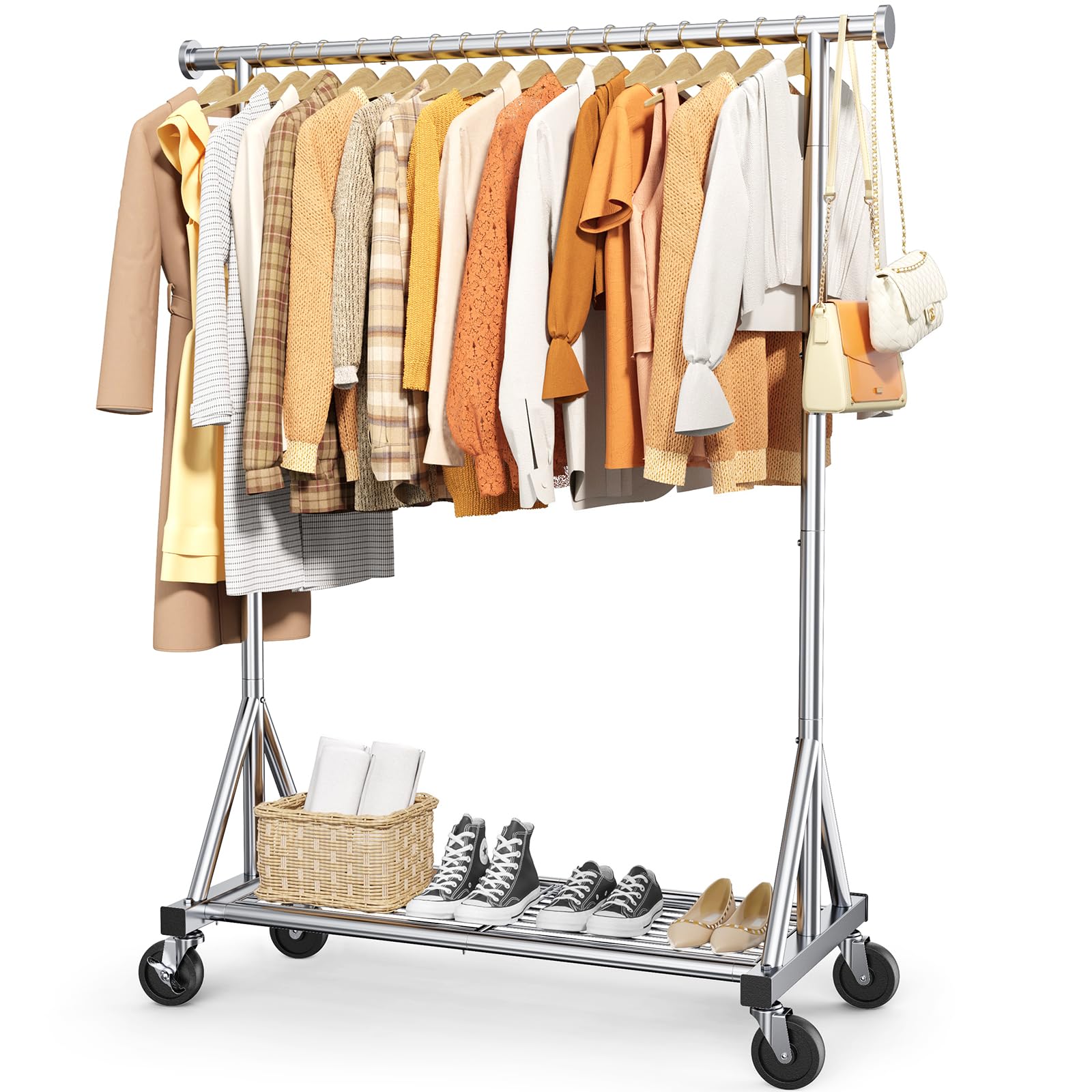 Sakugi ミニマルデザイン 重型 シングルバー ハンガーラック 金属製 自立式 収納、シルバー