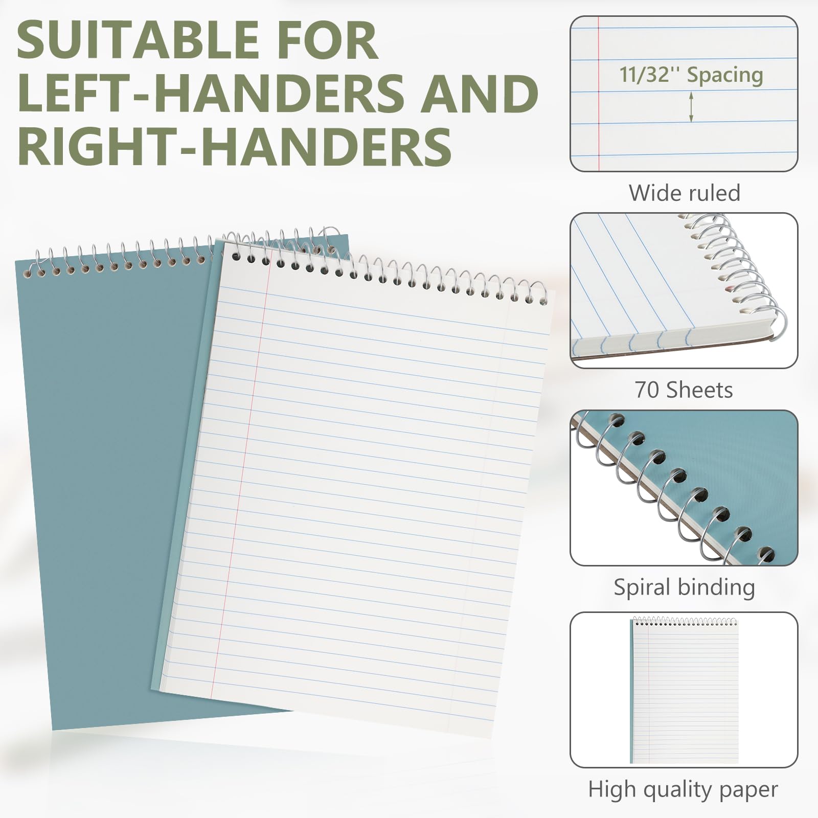 Resurhang Lot de 6 cahiers Steno de bureau à reliure supérieure de 21,6 x 27,9 cm, larges lignes, double face, papier blanc fiable, 70 feuilles/bloc de couleurs pastel pour écrire des notes scolaires
