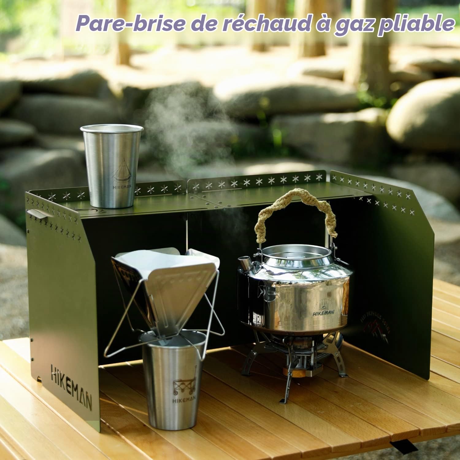 HIKEAMN Pare-brise pour réchaud de camping – Pare-vent d'extérieur pliable pour cuisinière à gaz avec sac de rangement pour camping, randonnée, pique-nique, cuisine (vert kaki)