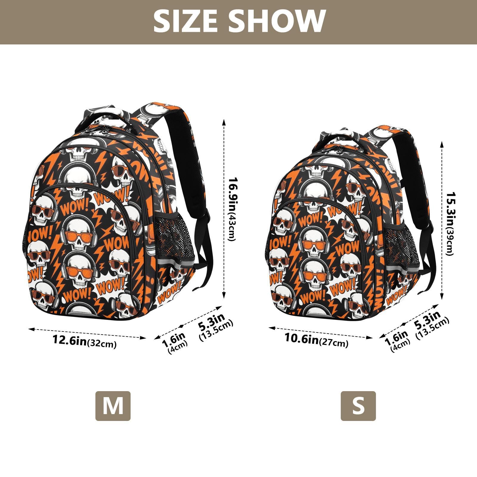 KLL Mochila escolar para niños y niñas, bolsa de guardería, mochila de viaje para niños, diseño de calavera, gafas de sol, música rock, naranja
