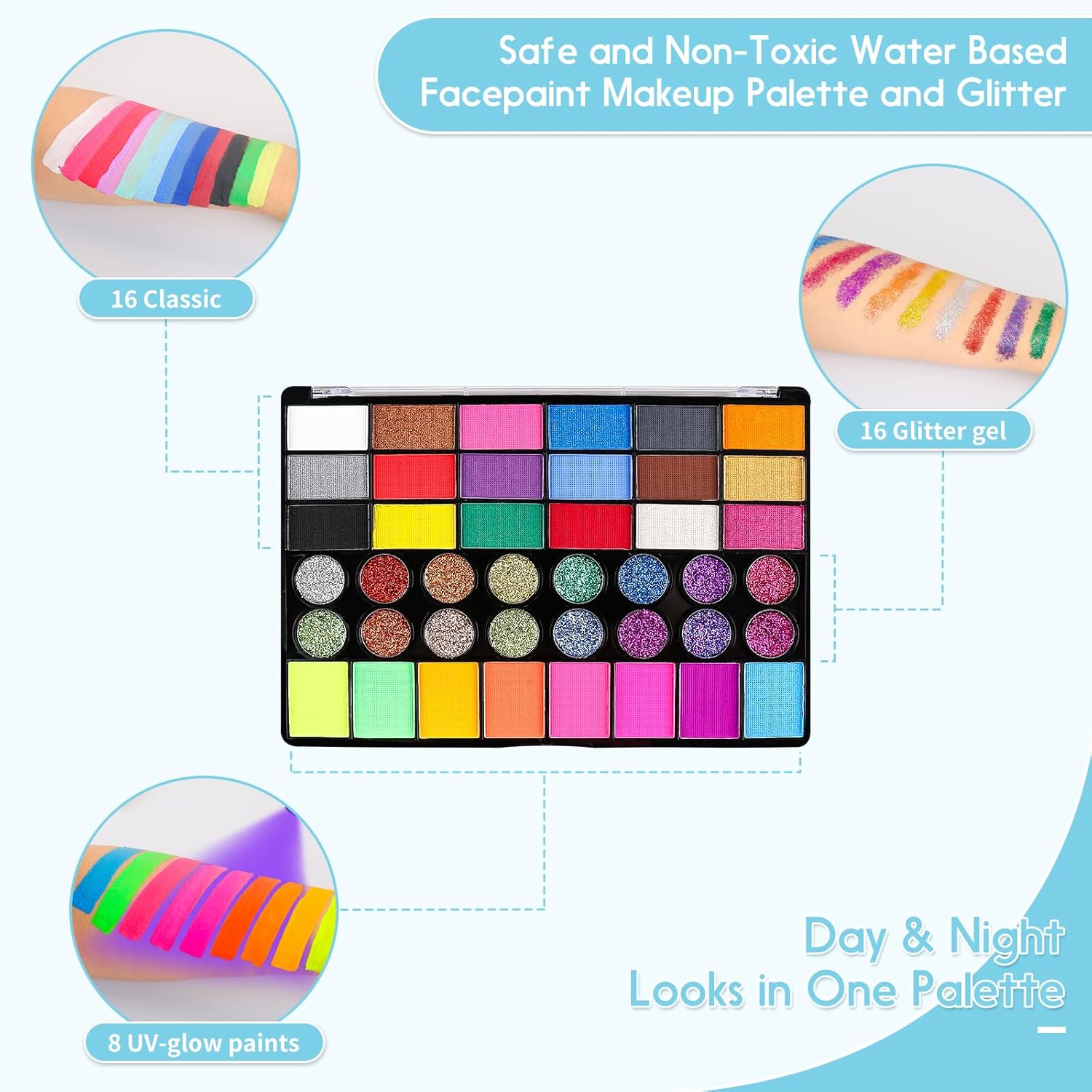 Pintada 42 Color Face Painting Kit for Kids - Non Toxic Water Activated Face Paint Palette With Stencils, Brush, Gems. For Carnival, Halloween, Costume Makeup and Any Creative Activity - Image 5
