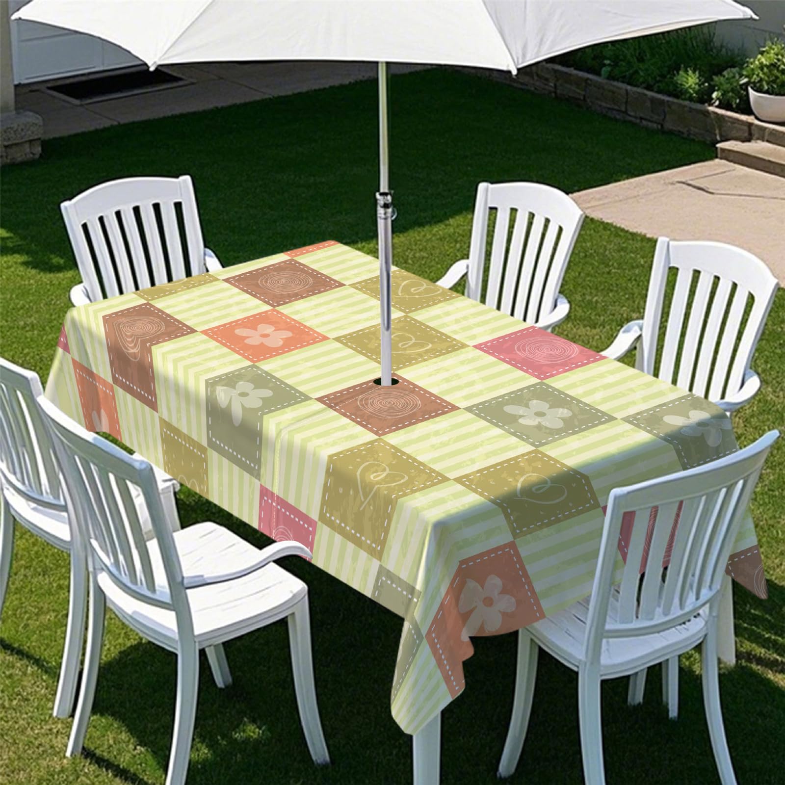 Odot Tablecloths Rectangular Wipe Clean with Umbrella Parasol Hole and Zipper, Table Cover Waterproof Garden Outdoor Table Cloth for Garden, BBQ, Party, 3D Retro Flowers (Plaid,213x152cm)
