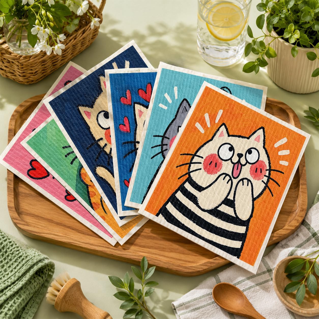 Shwing Swedish Dishcloths for Kitchen 6 Pack Cute Cartoon Cat Pattern Reusable Paper Towels Kitchen Towels Dish Cloths for Washing Dishes Washable Quick Drying Absorbent Cleaning Cloths image 5