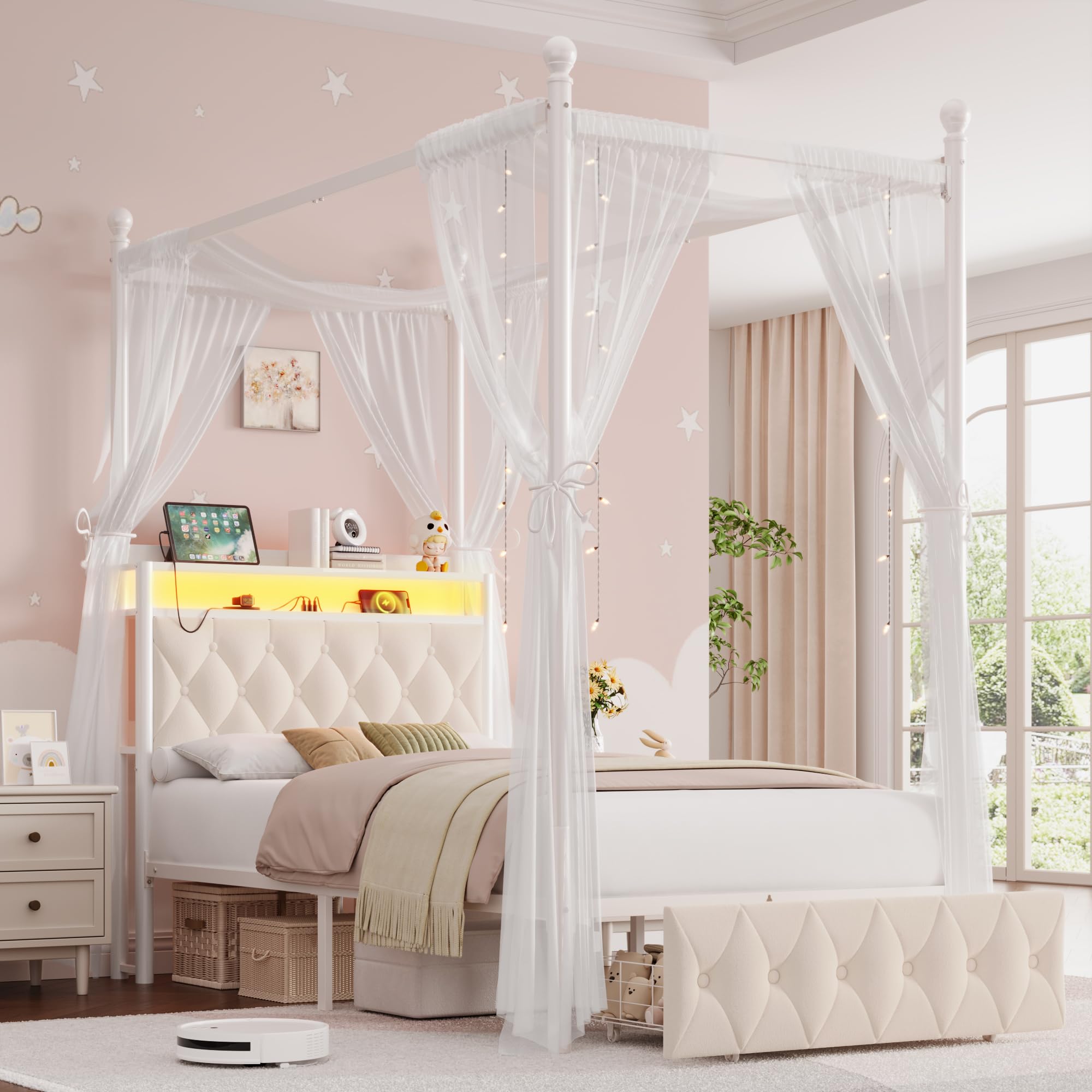 Amazon.com: HIFIT Kids Twin Upholstered LED Canopy Bed Frame with