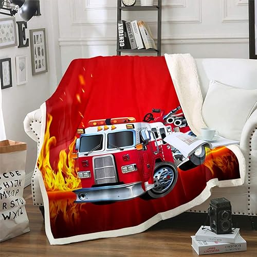 Manta Sherpa de camión de bomberos, manta de forro polar para cama, sofá, sofá, decoración de dormitorio de niños, manta de felpa con patrón de