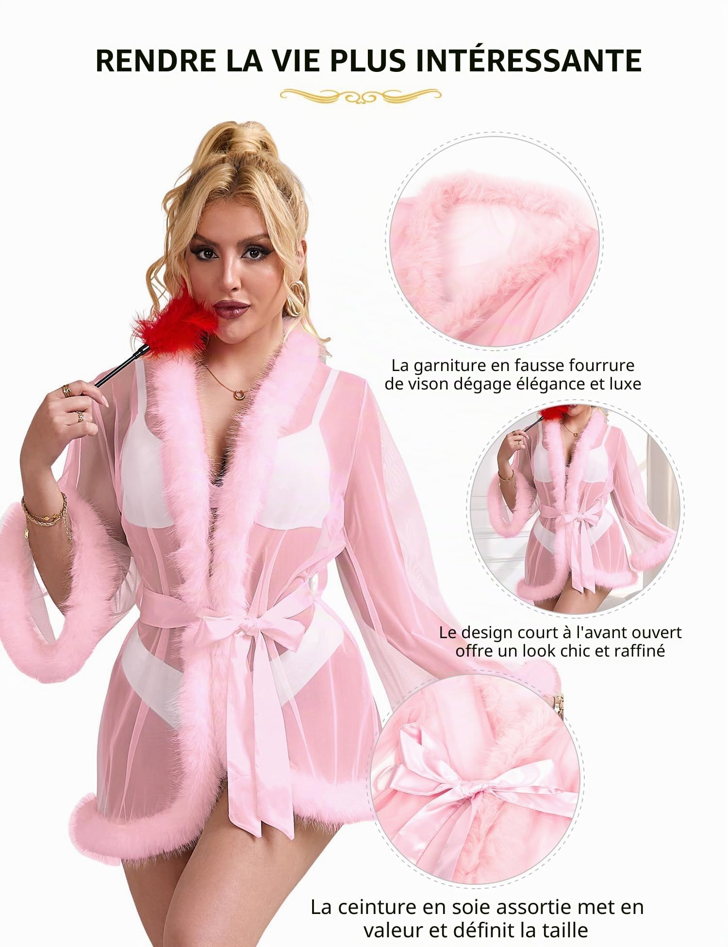 Robe Kimono Sexy Nuisette Courte Femme Transparente Grande Taille Peignoir Sexy Transparent Chemise de Nuit Fausse Fourrure Robe de Chambre Kimono en Tulle Lingerie Hot avec Ceinture