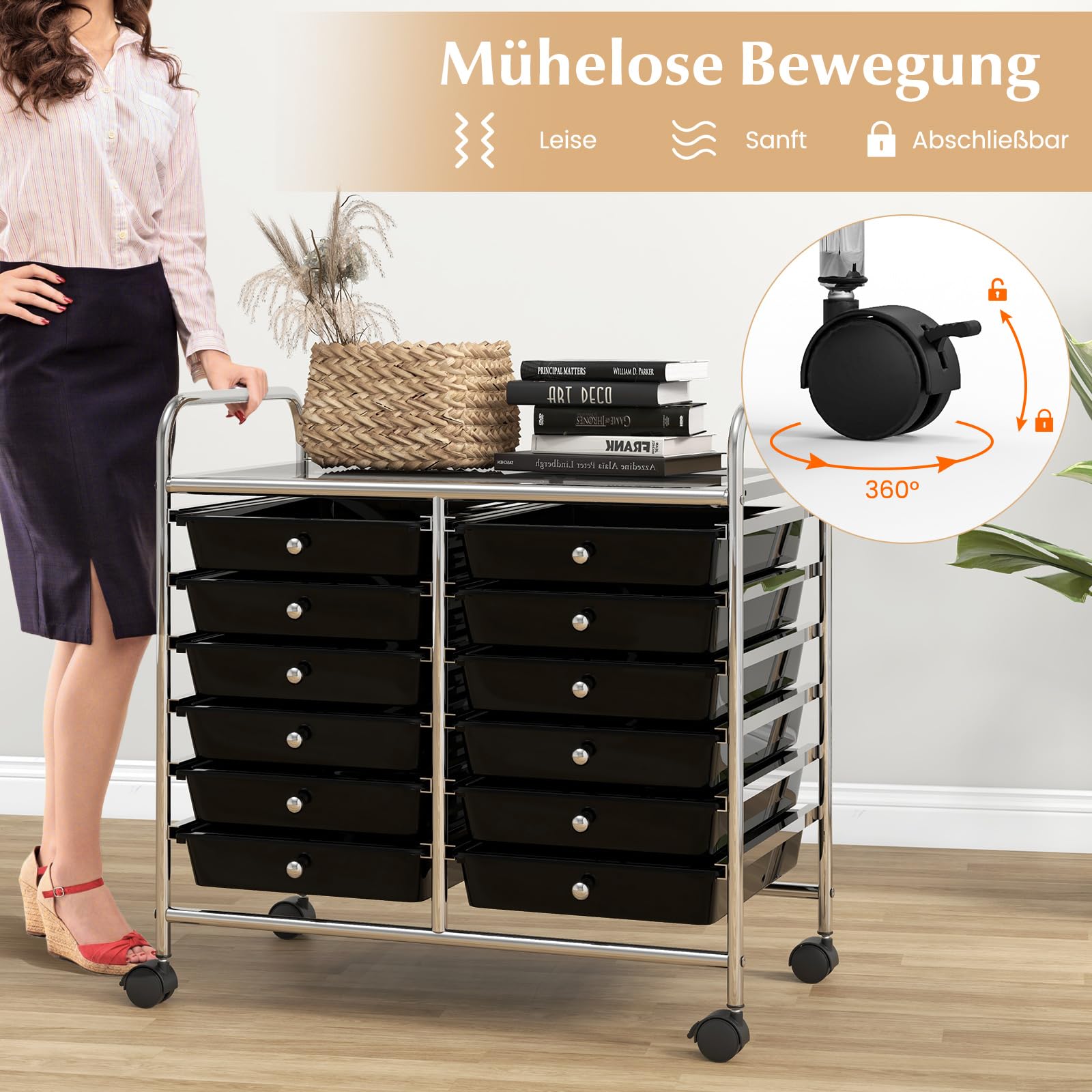 COSTWAY Rollwagen mit 12 stapelbaren Schubladen, Schubladenwagen (Schwarz)