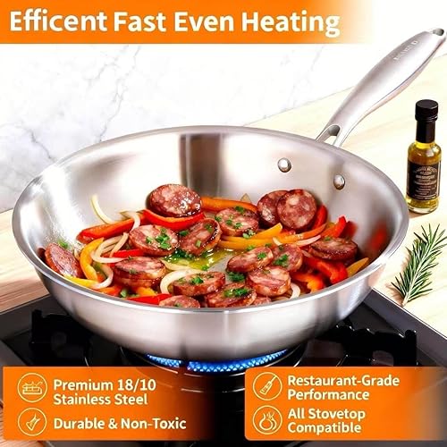 Miniatura 6 de DELARLO Sartenes Wok de Acero Inoxidable de Tres Capas, 30.5 cm de Sartén Wok de Cocina Saludable y No Tóxica con Tapa, Sartenes para Freír Anchas y