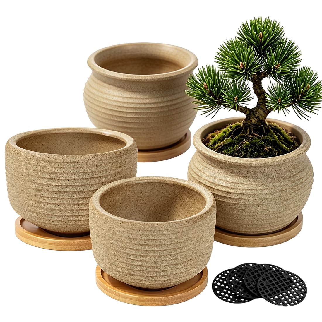 MUZHI Rustic 4 inch Bonsai Plant Pot with Bamboo Tray Set of 4, Unglazed Ceramic Succulent Cactus Pot Indoor Outerdoor with Drainage Hole