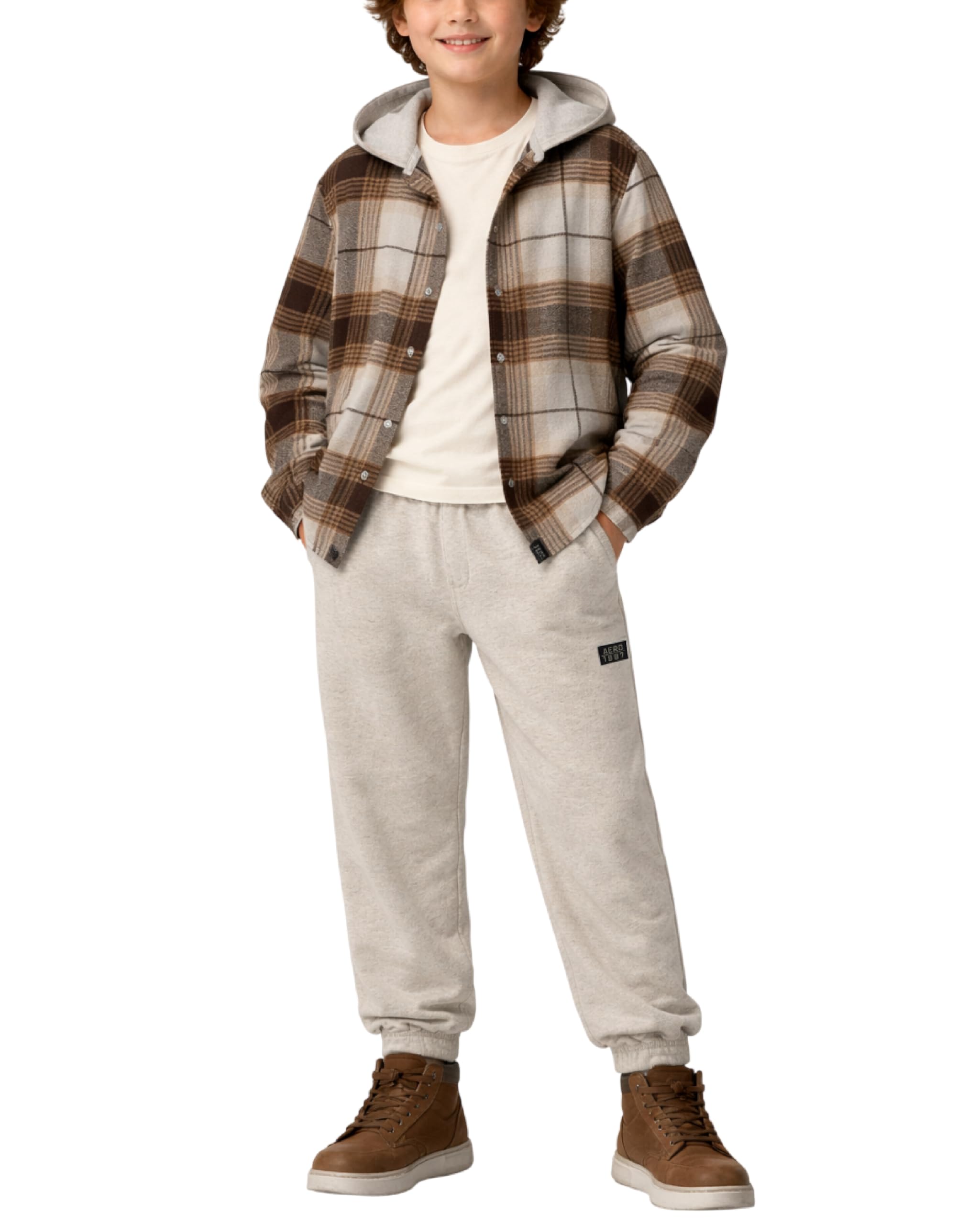 AEROPOSTALE Boys 2 Piece Flannel Hooded Button Down Shirts & Joggers 8-12 | Timeless Plaid Look, Cozy Hood, Athletic Stretch, All-Day Comfort Built