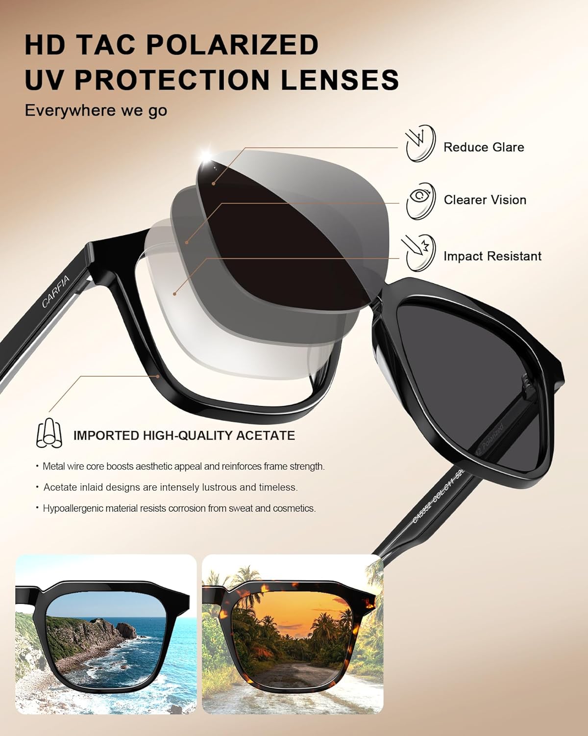 CARFIA Acetate Classic Square Polarized Sunglasses for Men Women UV400 Lenses Hand-crafted Frame Retro Outdoor Sun Glasses - Image 6
