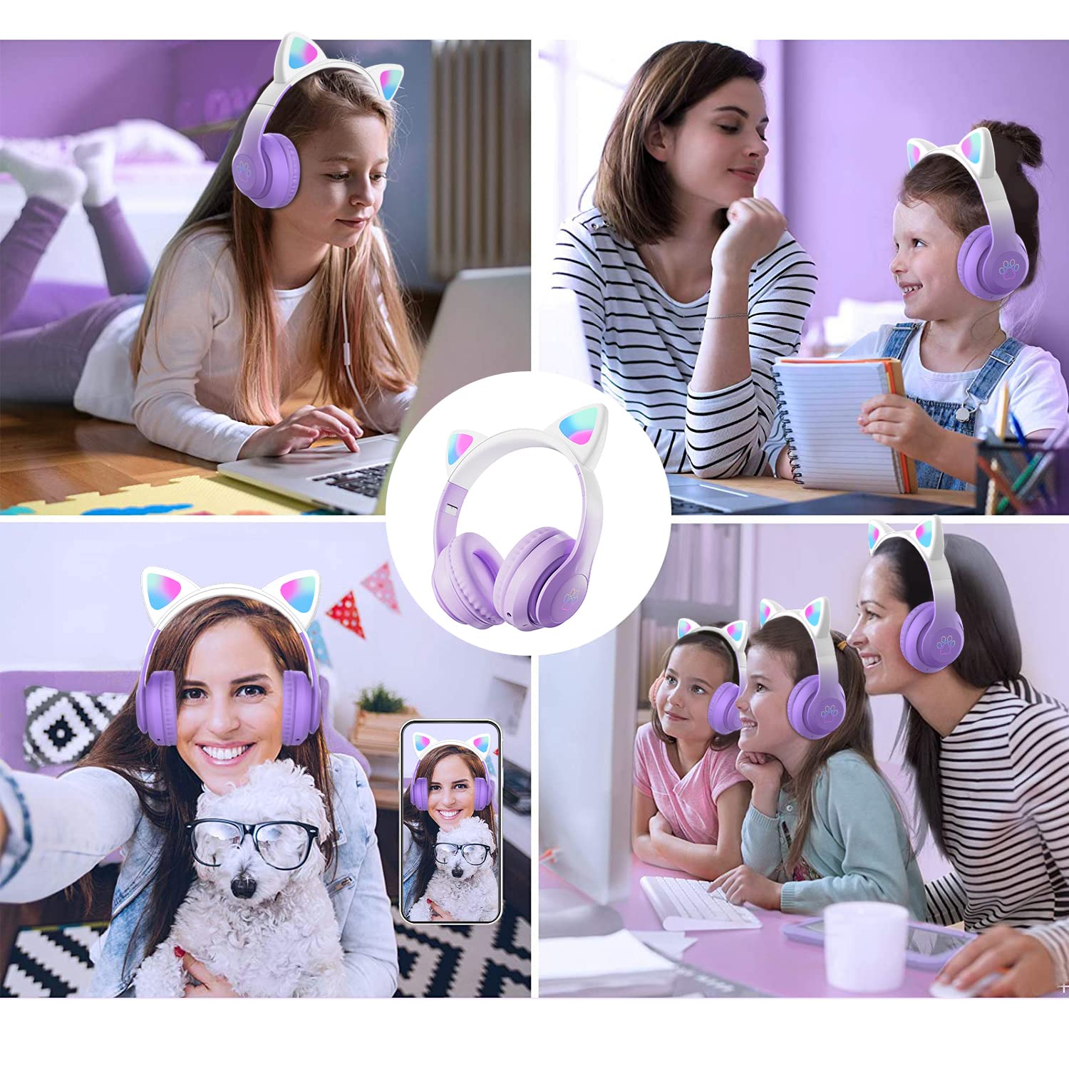 Auriculares inalámbricos Bluetooth con micrófono para niños, adolescentes y adultos (Pro-Morado) | Auriculares con orejas de gato para niñas, adolescentes y adultos