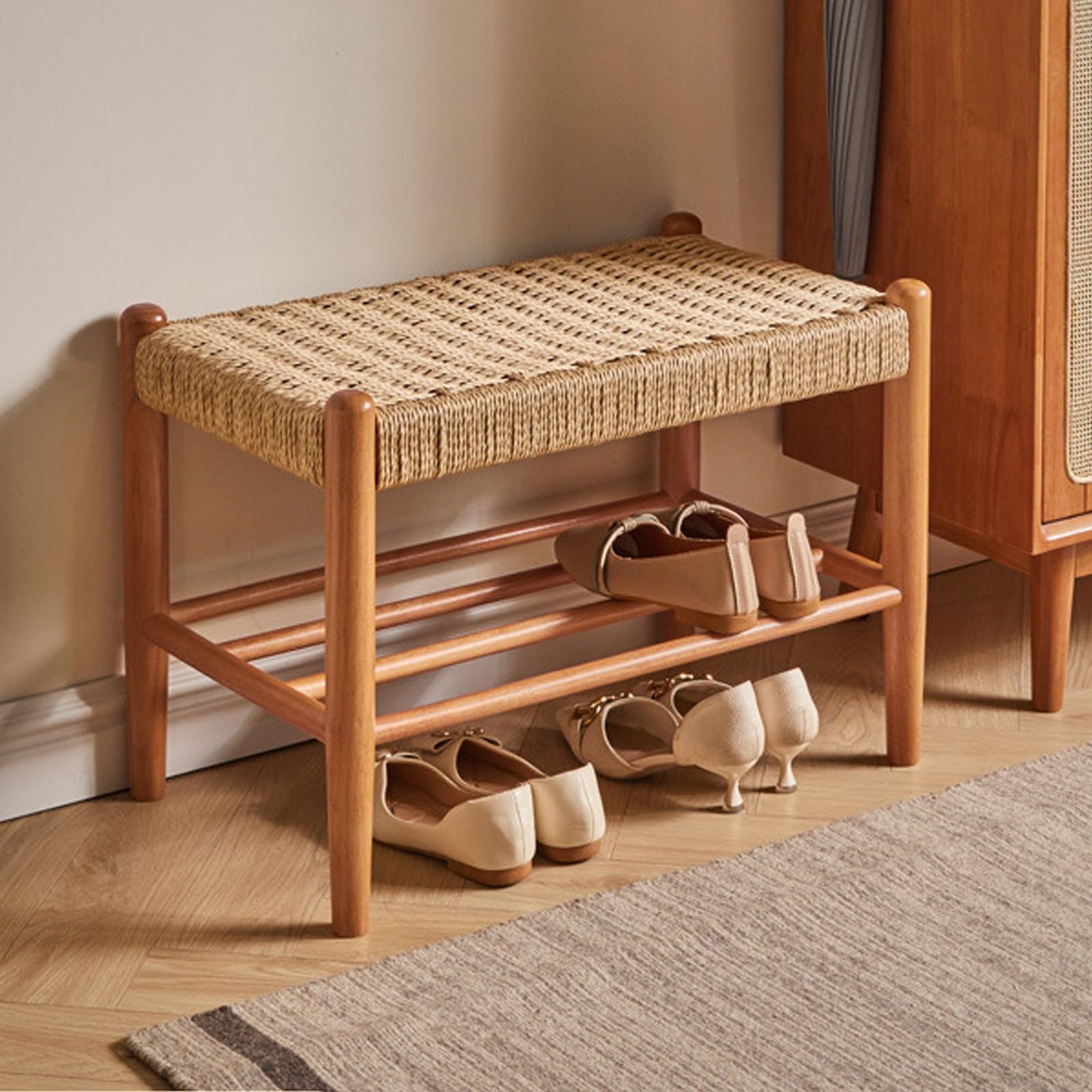 MSHGSKU Wooden Shoe Rack with Rattan Cushion Multifunctional Entryway Storage Organizer Creative Shoe Bench for Neat Footwear Display