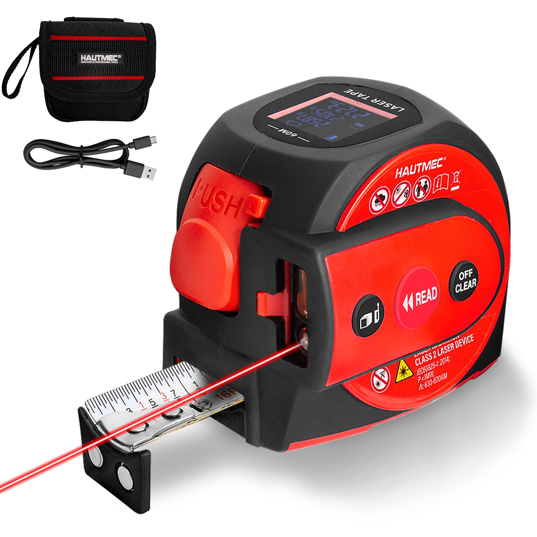HAUTMEC 3-in-1 Laser Tape Measure, 60m Digital Tape Measuree & 5m Tape Measure with Fractions, Laser Measure with Level, Rechargeable Electronic Tape Measure for Builder carpenter