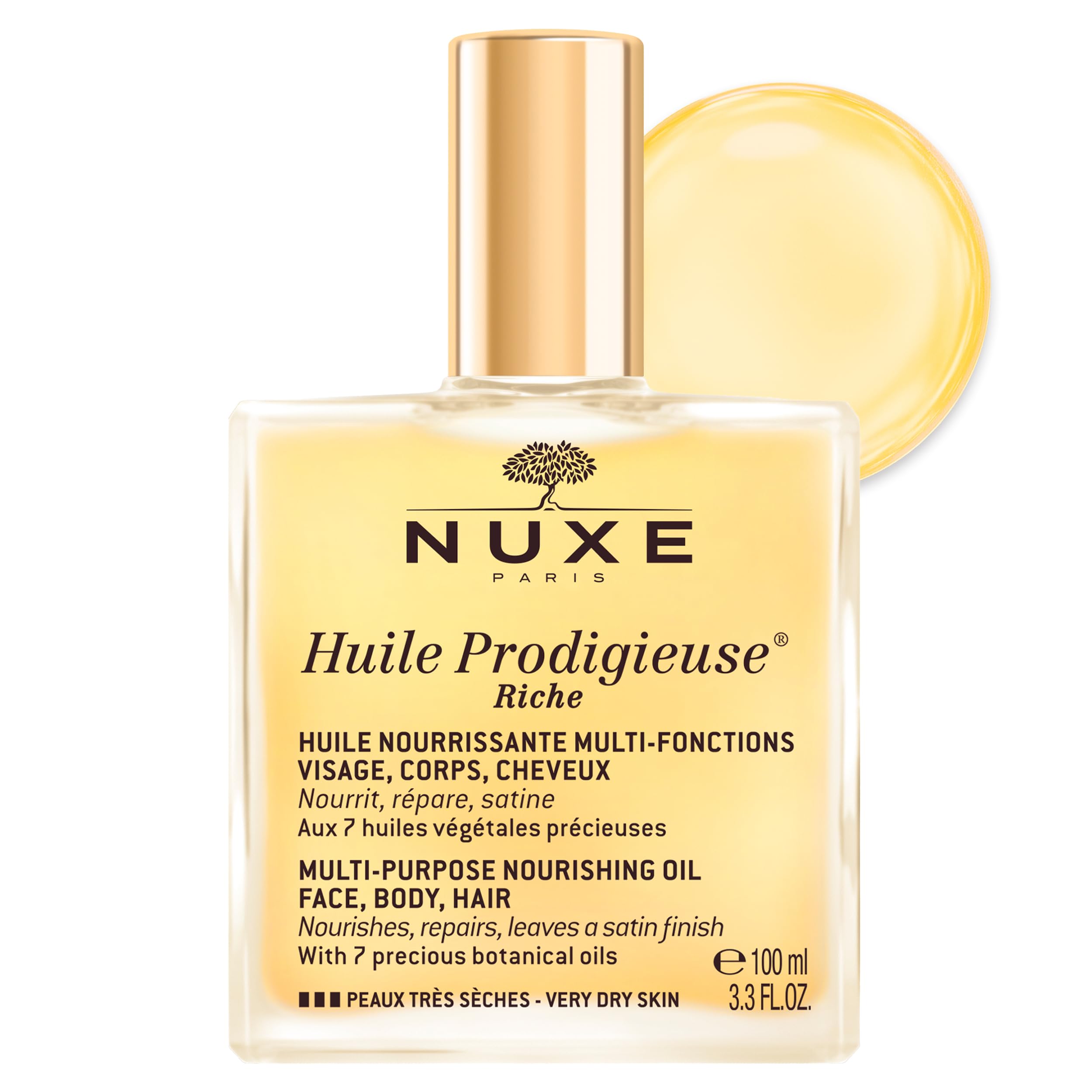 NUXE Huile Prodigieuse Riche Multi-Purpose Nourishing Oil 100ml, Rich Nourishing Oil, For Very Dry Skin on Face, Body & Hair, Moisturises & Smooths, Vegan Formula