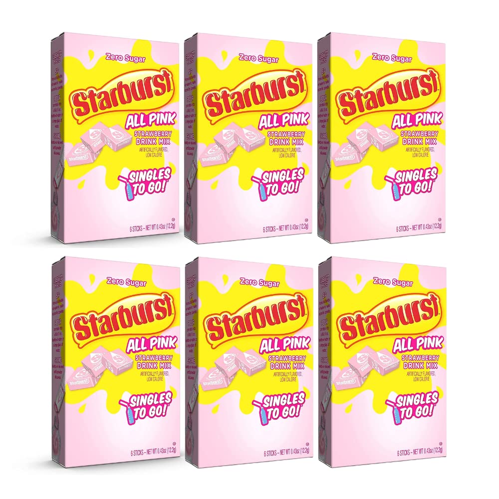 Starburst Singles To Go Powdered Drink Mix, All Pink Strawberry, 6 Boxes with 6 Packets Each - 36 Total Servings, Sugar-Free Drink Powder, Just Add Water, 6 count (Pack of 6)
