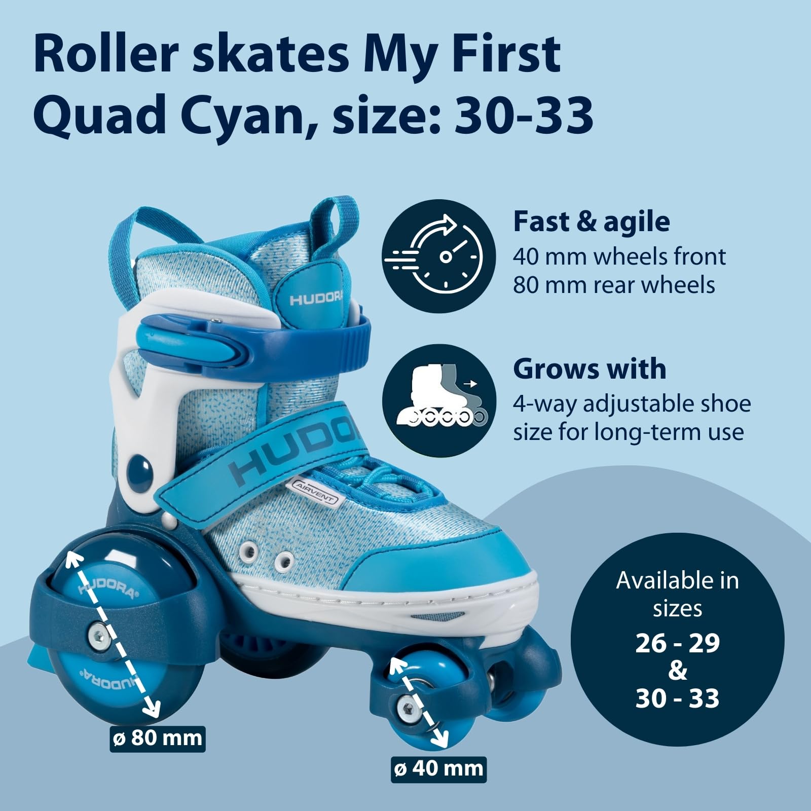 HUDORA Wrotki My First Quad w różnych rozmiarach i kolorach, wrotki dla dzieci do 20 kg, regulowane rozmiary – bezpieczne wrotki dla początkujących z dużymi kółkami