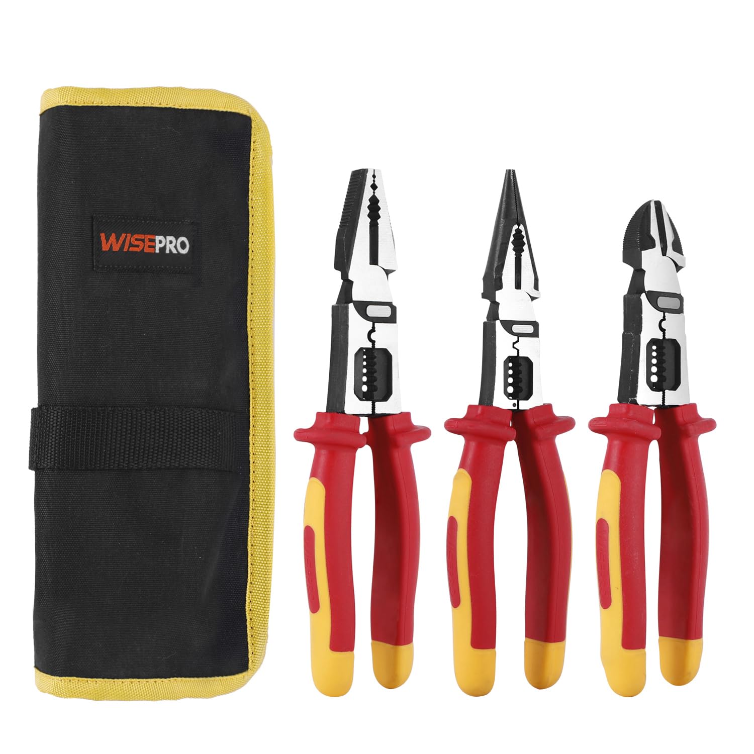 3-teiliges isoliertes Zangen-Set, multifunktionale Abisolierzange, Crimpzange mit Tasche inkl. Linesman-Zange, Spitzzange, Seitenschneider zum Schrauben, Crimpen, Abisolieren, Scheren