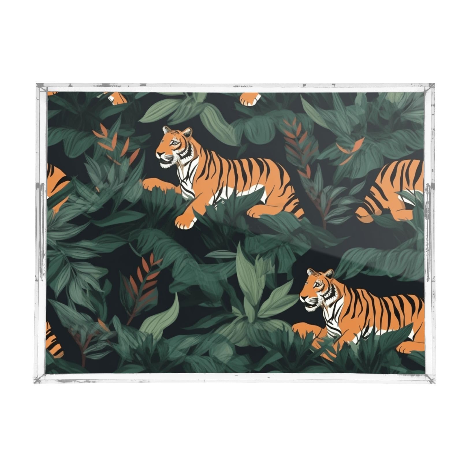 Bandejas acrílicas transparentes con asas, bandeja de café acrílica de 12 x 16 pulgadas, bandeja de café acrílica verde personalizada con patrón de tigres a prueba de derrames